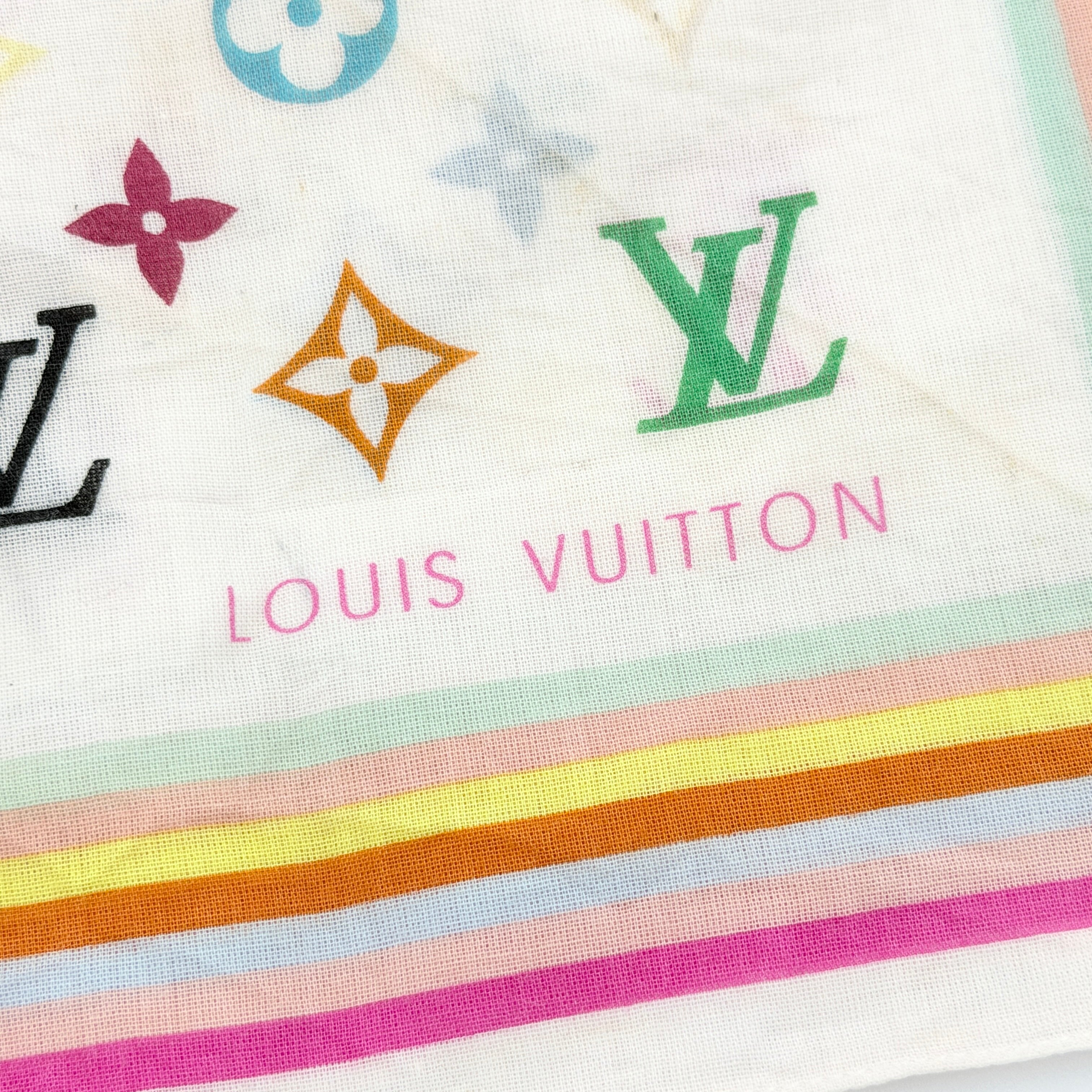 Louis Vuitton Murakami Monogram Scarf in multicolour cotton with vibrant LV motif and striped border.