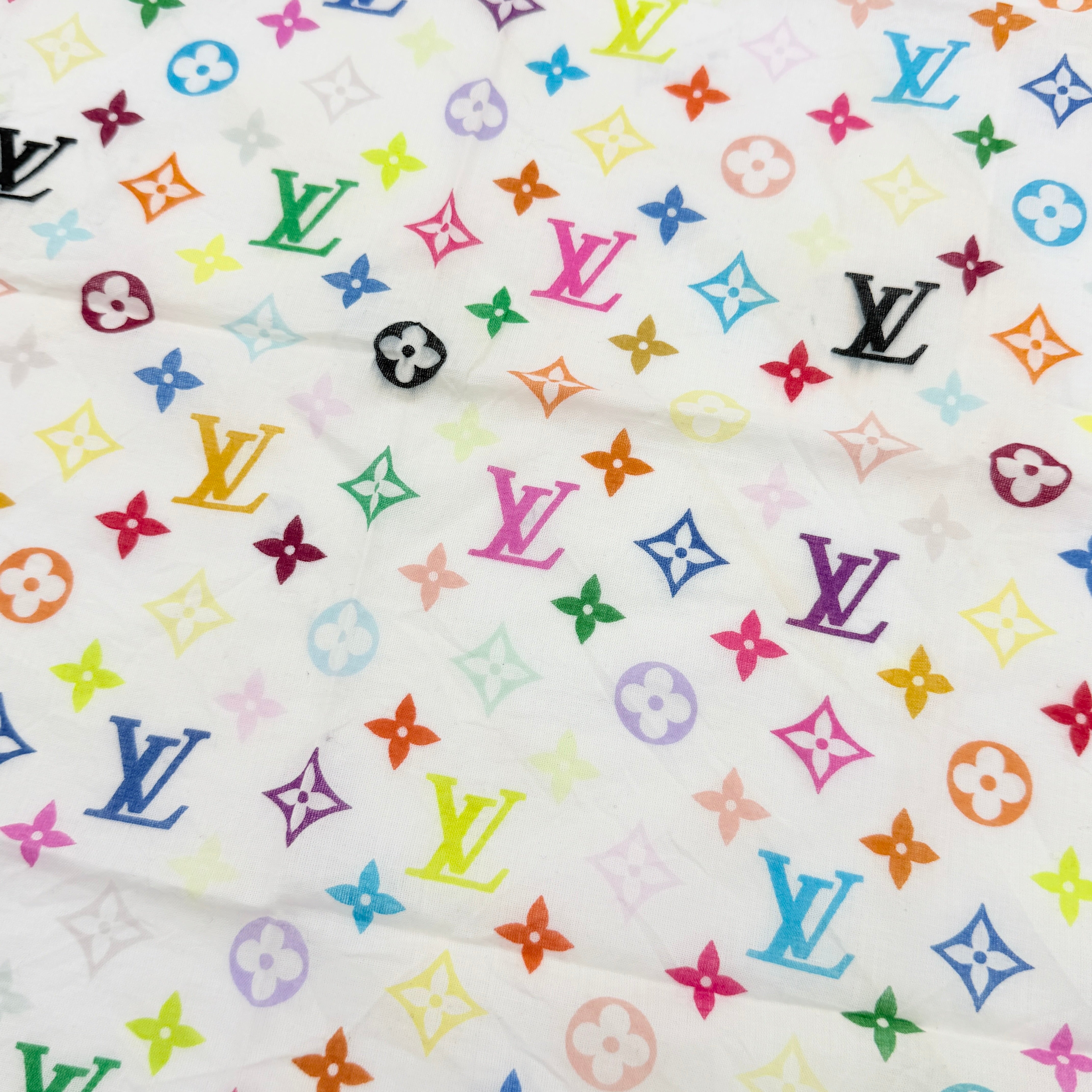 Louis Vuitton Murakami Monogram Scarf in multicolour cotton with vibrant LV motif and striped border.