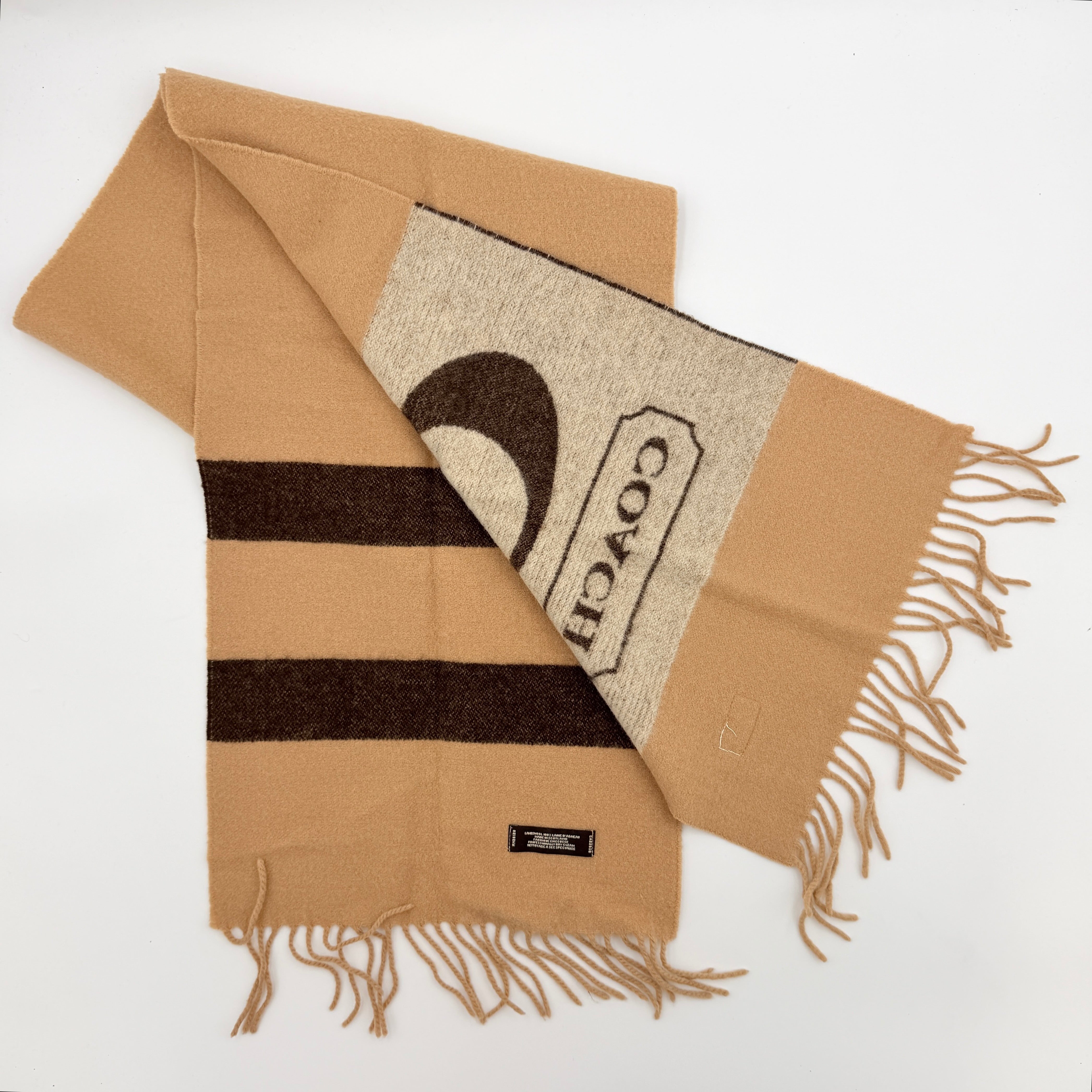 Coach reversible brown lambswool scarf with large logo and camel fringe detail