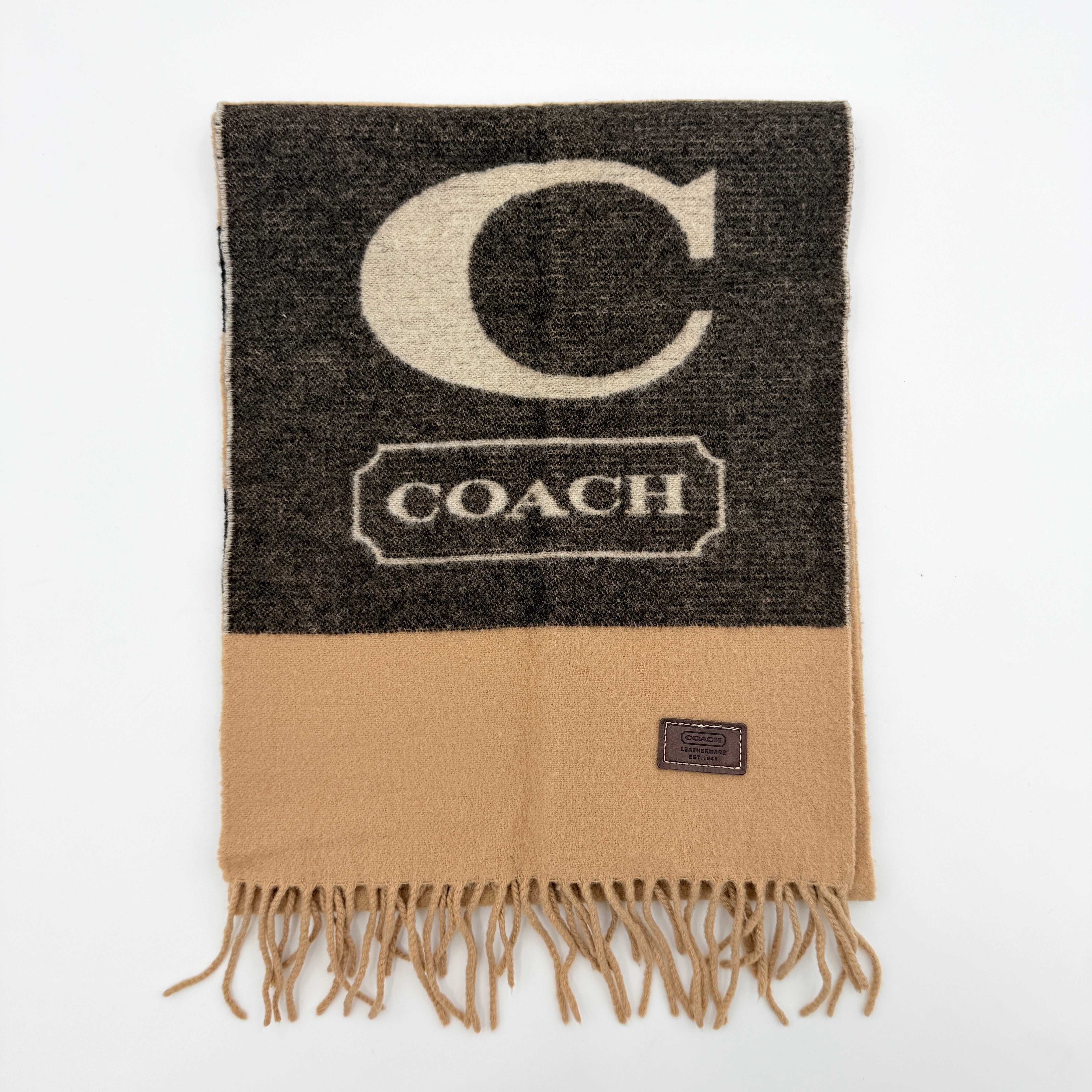 Coach reversible brown lambswool scarf with large logo and camel fringe detail