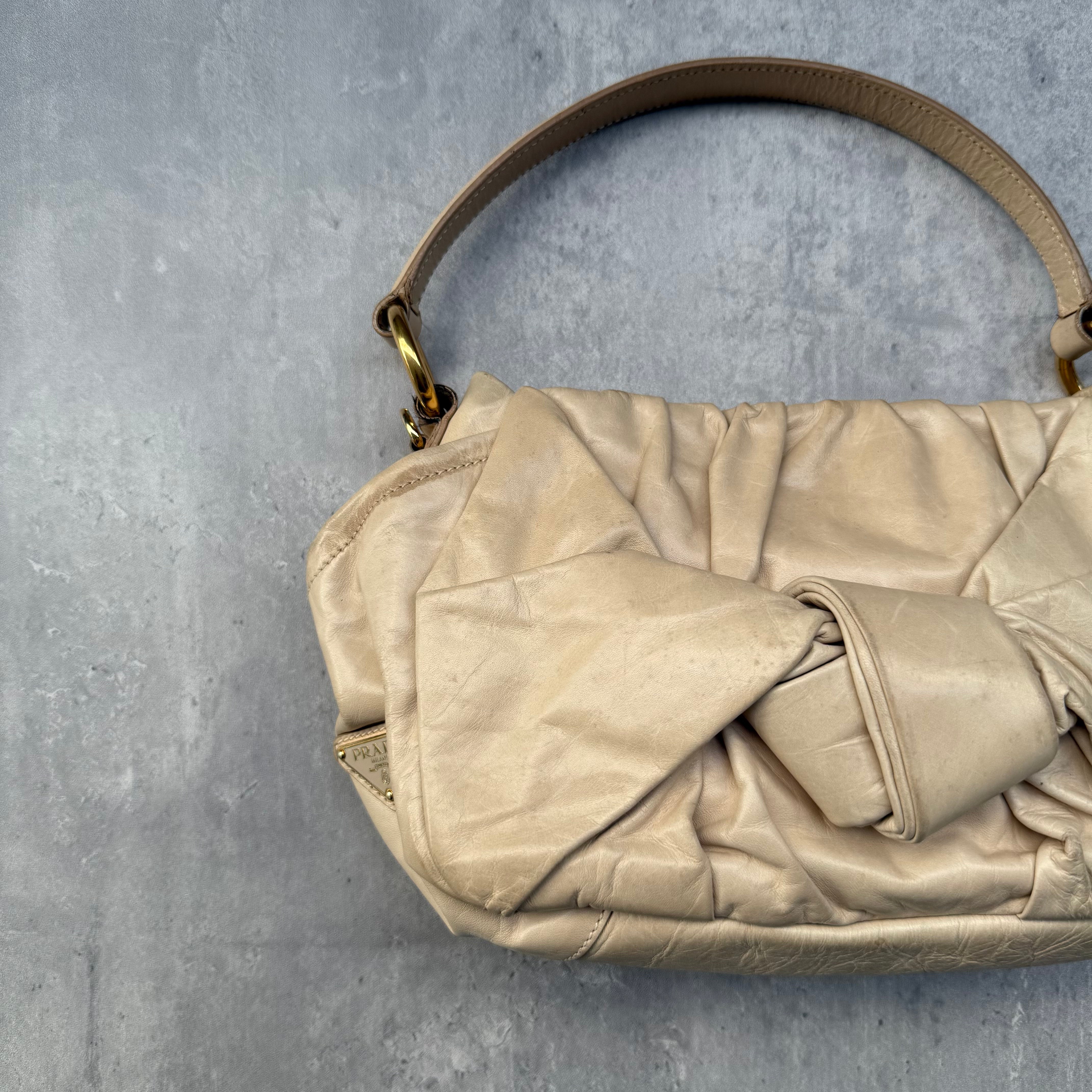 Prada Talco Leather Dressy New Look Shoulder Bag Cream