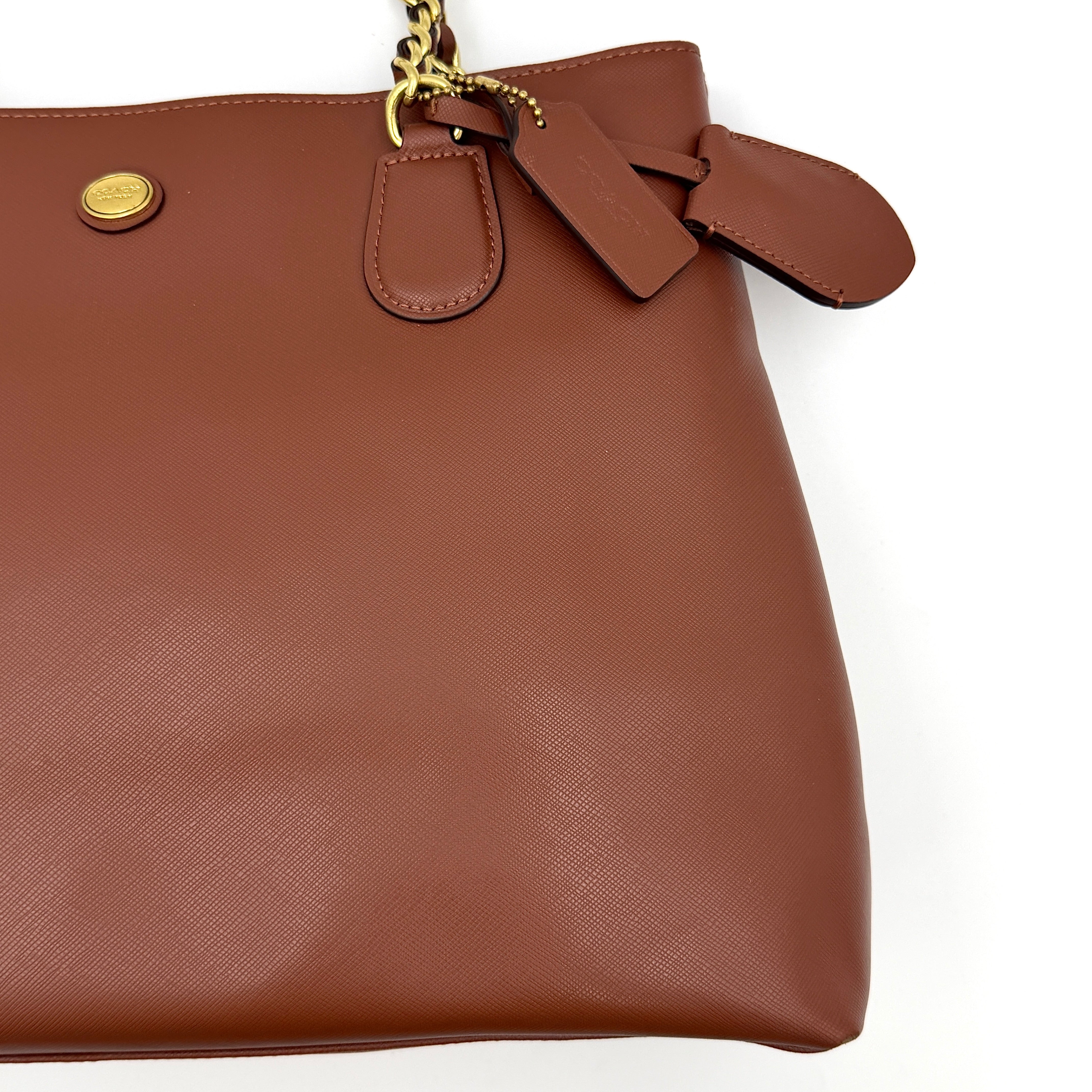 Coach Peyton Chain Shoulder Bag in brown leather with gold-tone chain handles, styled against a clean background.