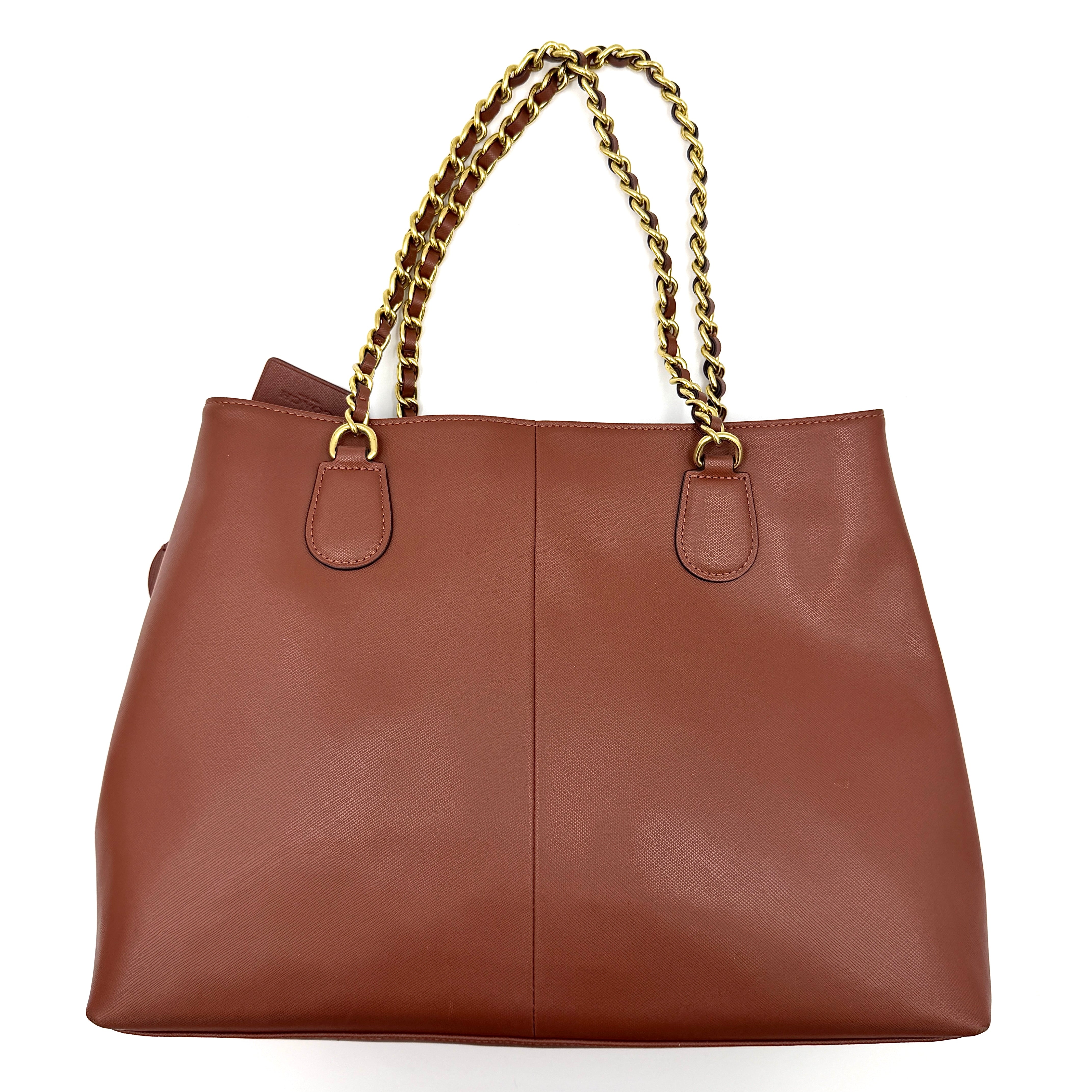Coach Peyton Chain Shoulder Bag in brown leather with gold-tone chain handles, styled against a clean background.