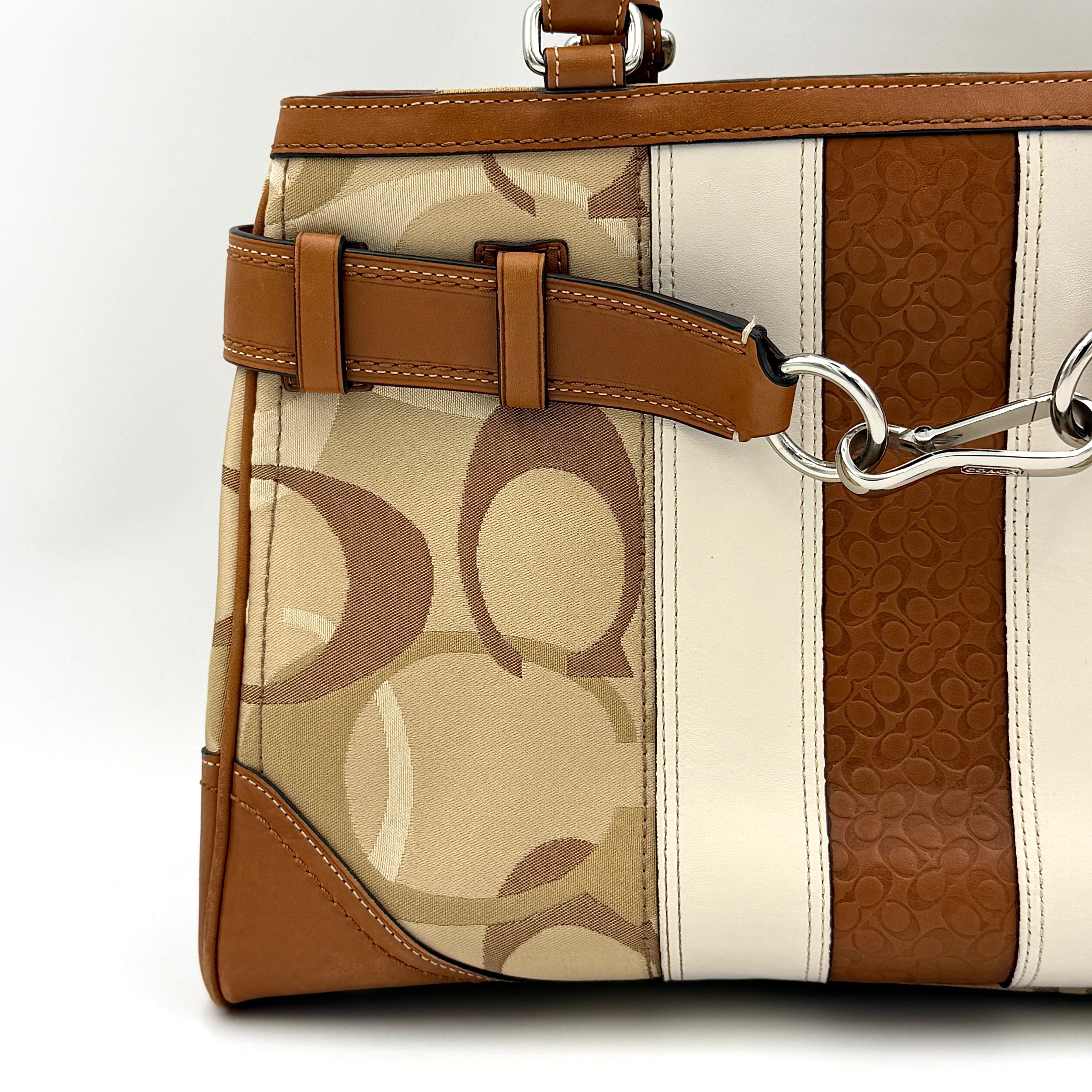 Coach Signature Stripe Hampton Carryall Shoulder Bag in neutral signature jacquard with caramel leather trim and silver hardware.