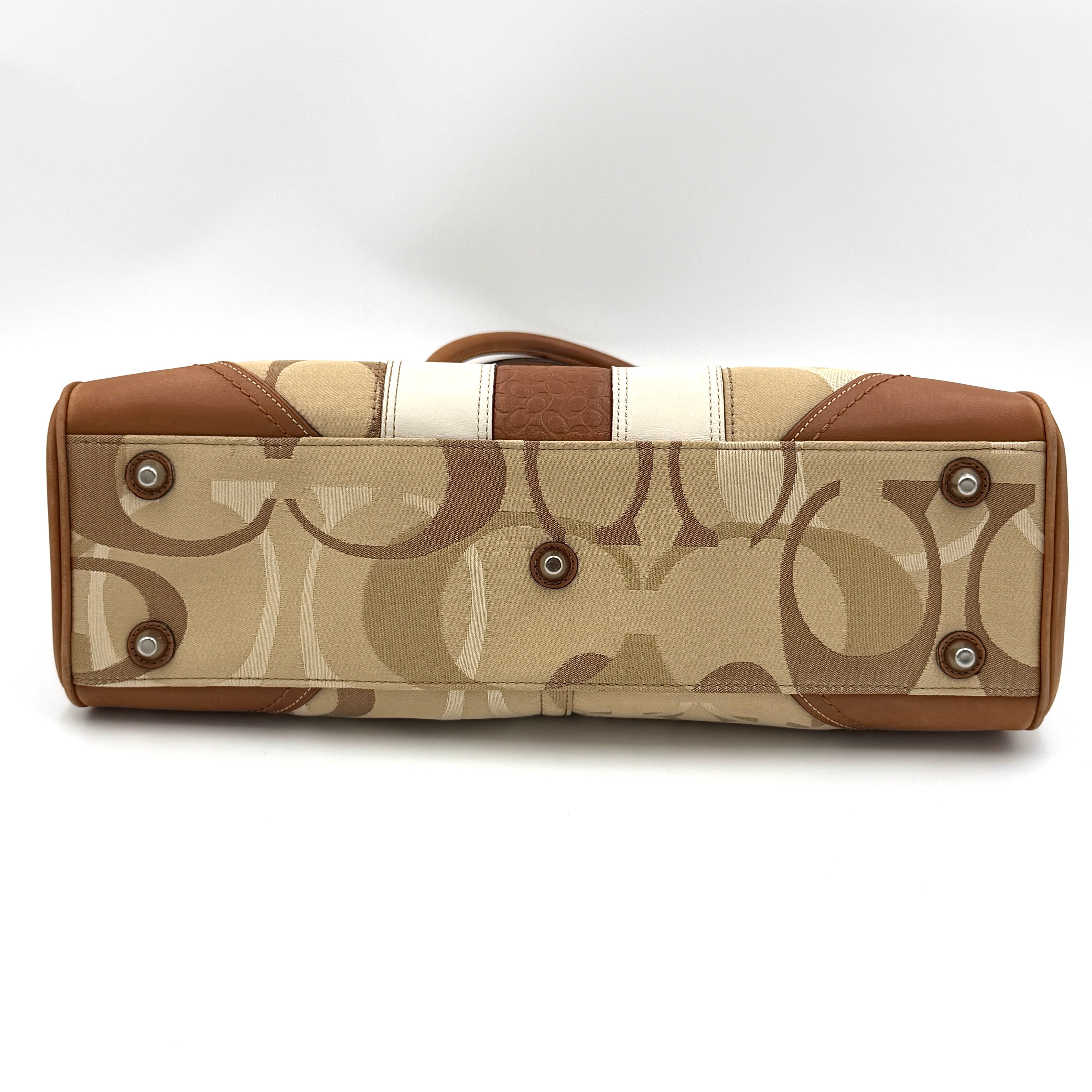 Coach Signature Stripe Hampton Carryall Shoulder Bag in neutral signature jacquard with caramel leather trim and silver hardware.