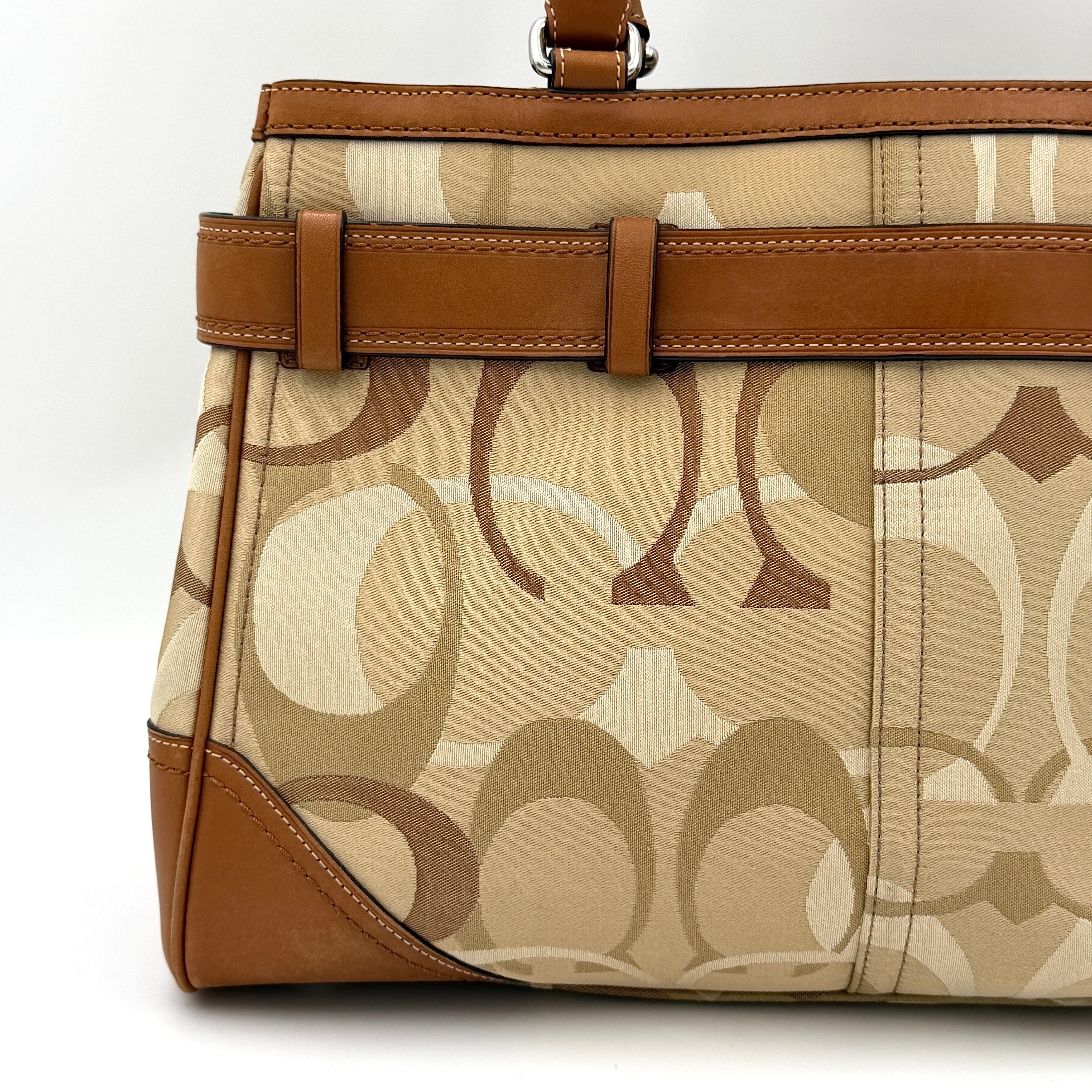 Coach Signature Stripe Hampton Carryall Shoulder Bag in neutral signature jacquard with caramel leather trim and silver hardware.