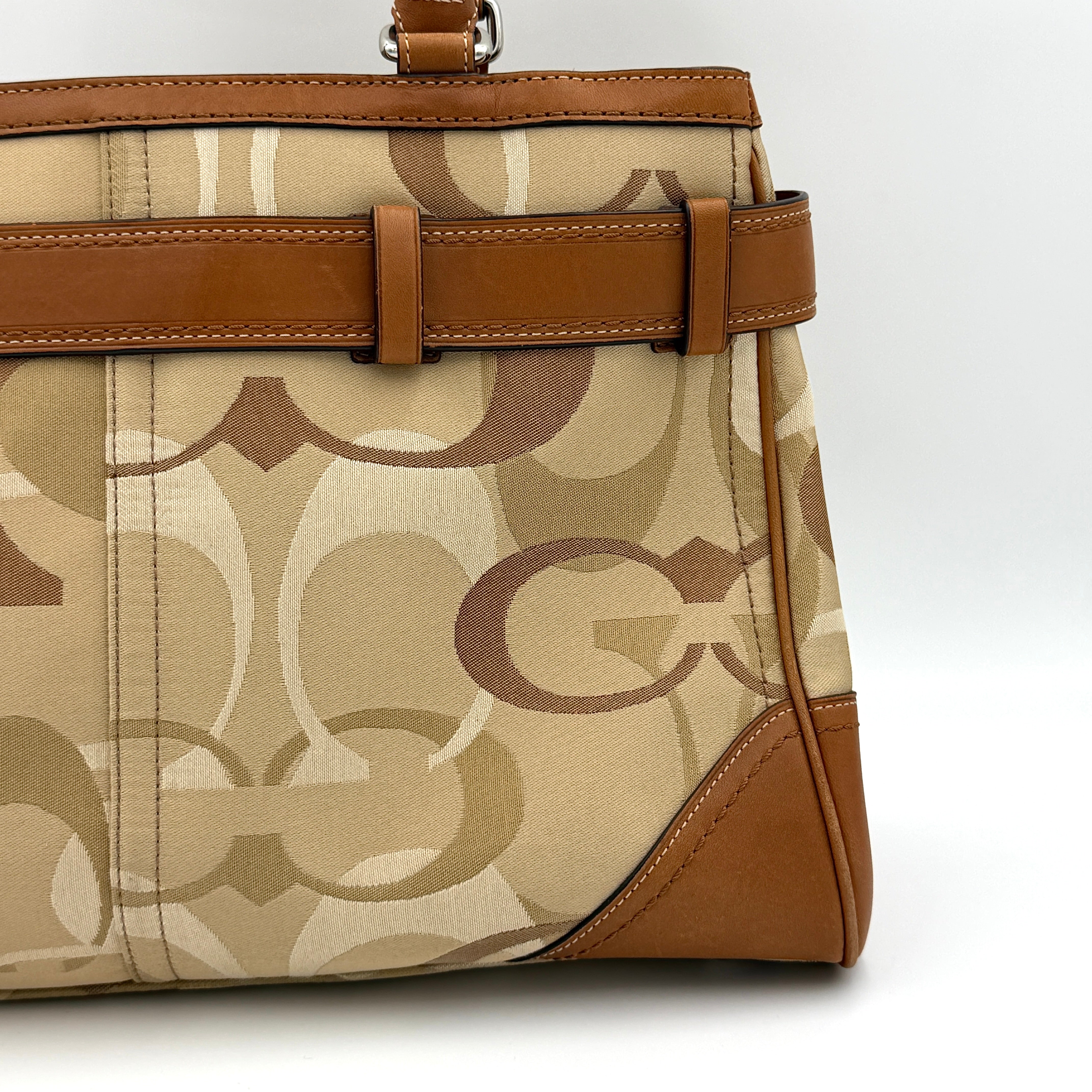 Coach Signature Stripe Hampton Carryall Shoulder Bag in neutral signature jacquard with caramel leather trim and silver hardware.