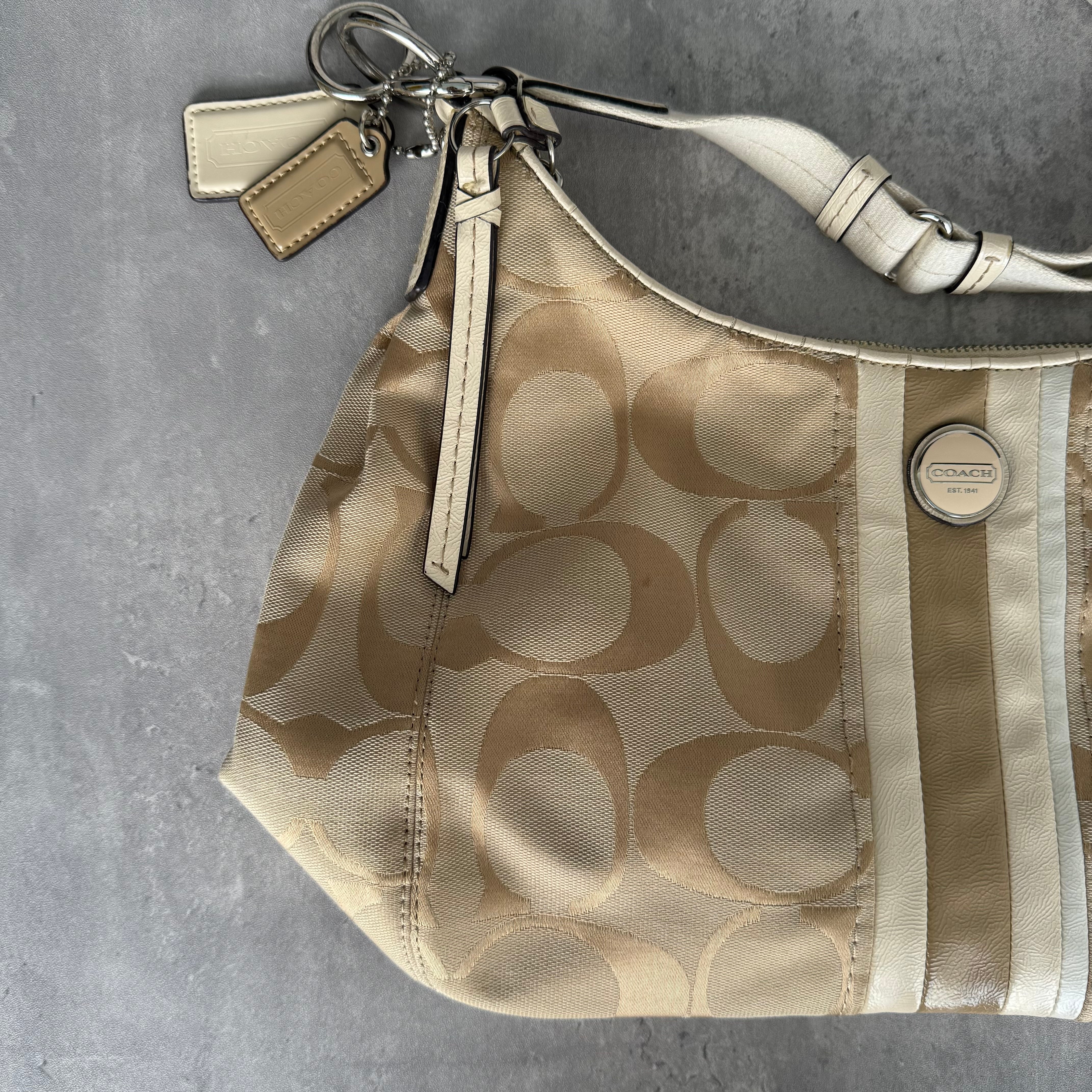 Coach Signature Stripe Convertible Hobo Bag Beige