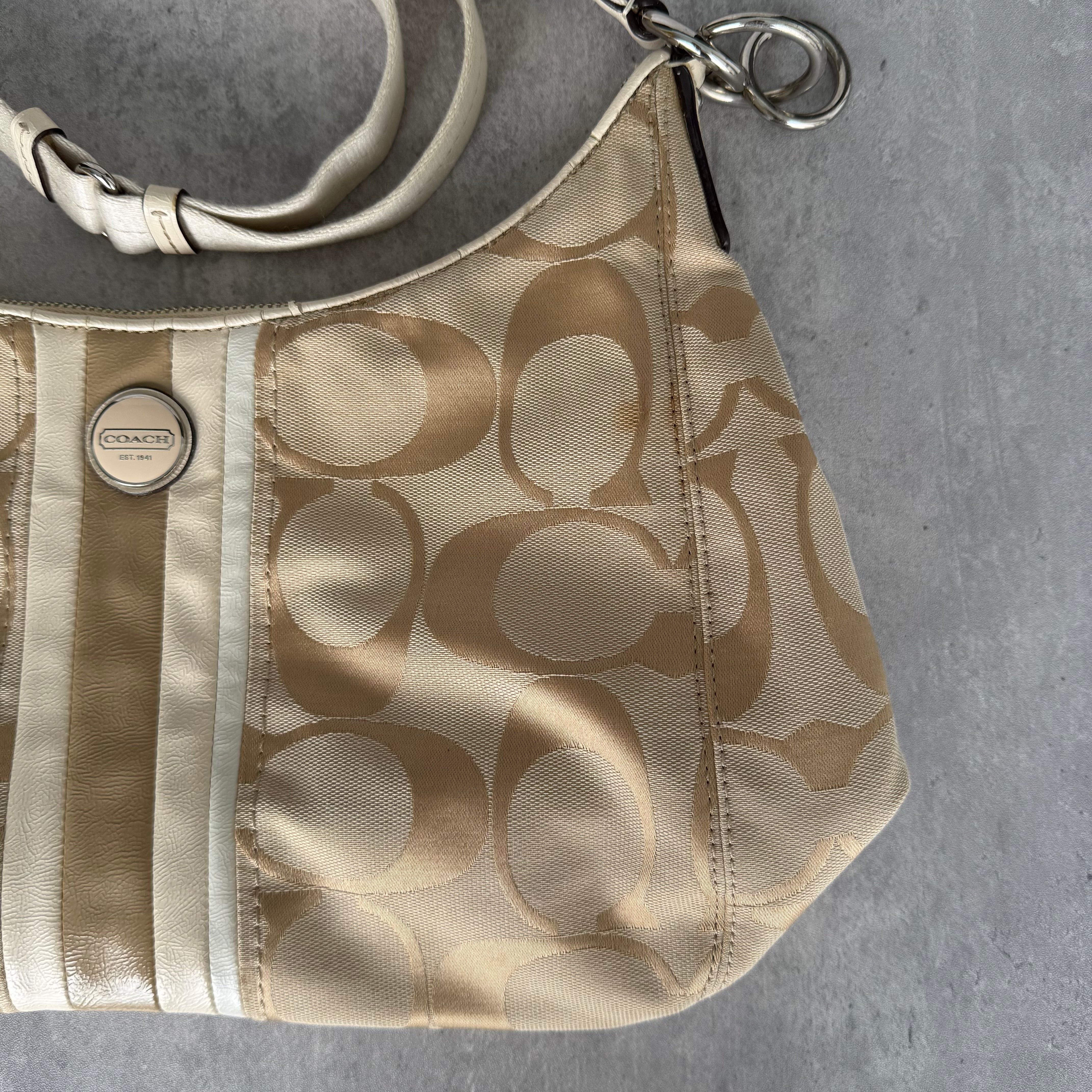 Coach Signature Stripe Convertible Hobo Bag Beige