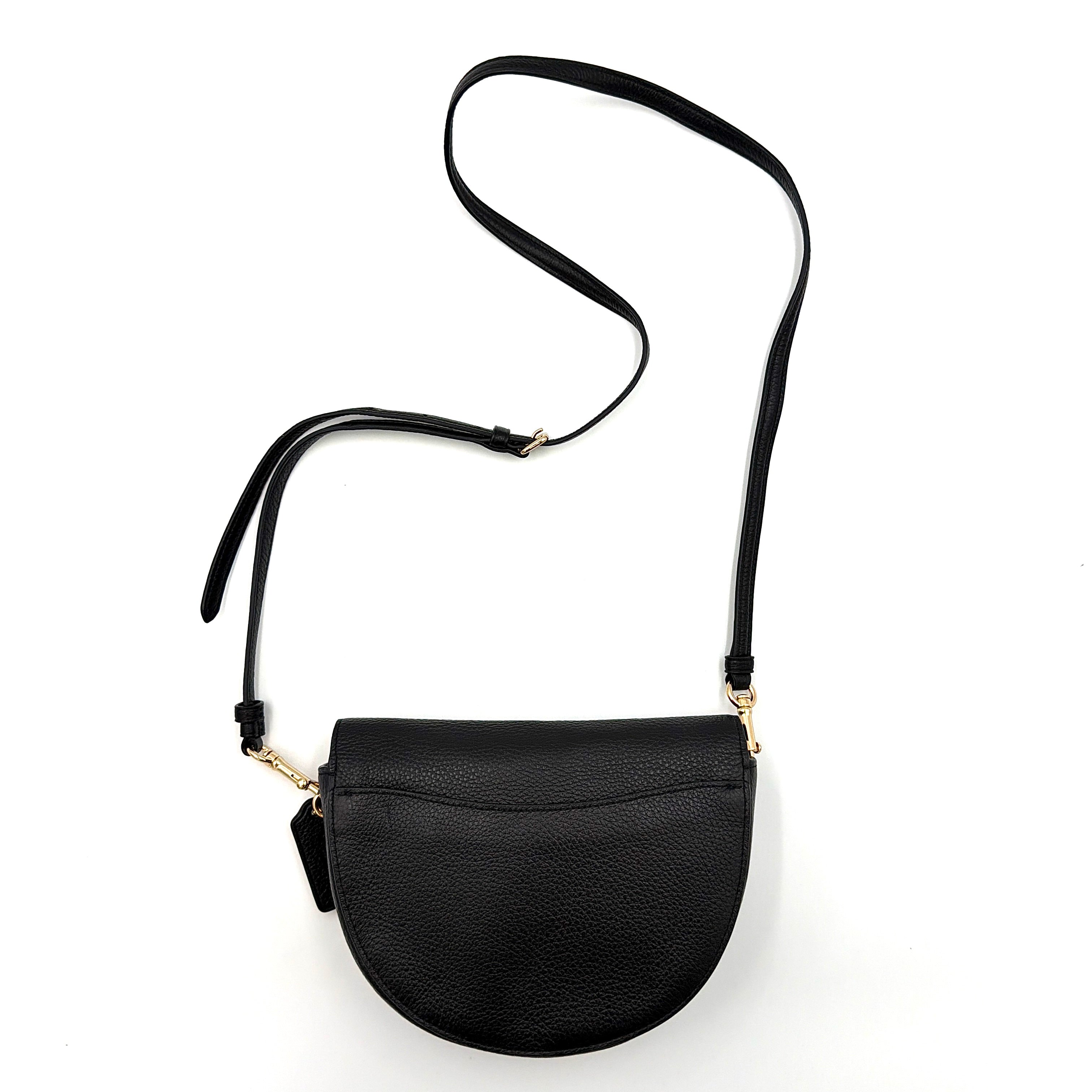 Coach Ellen Crossbody Bag in black pebbled leather with a half-moon silhouette, gold-tone hardware, and adjustable strap.