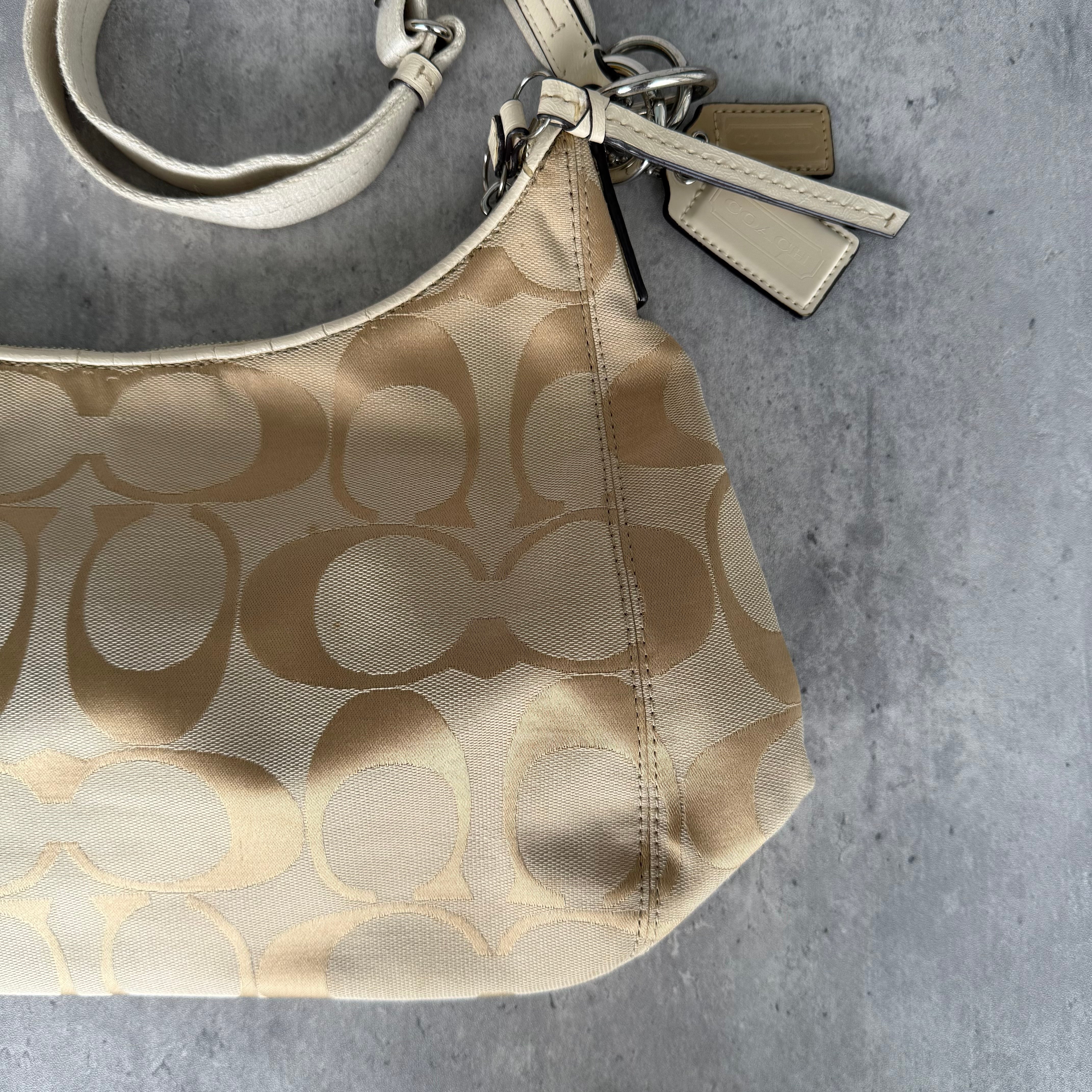 Coach Signature Stripe Convertible Hobo Bag Beige