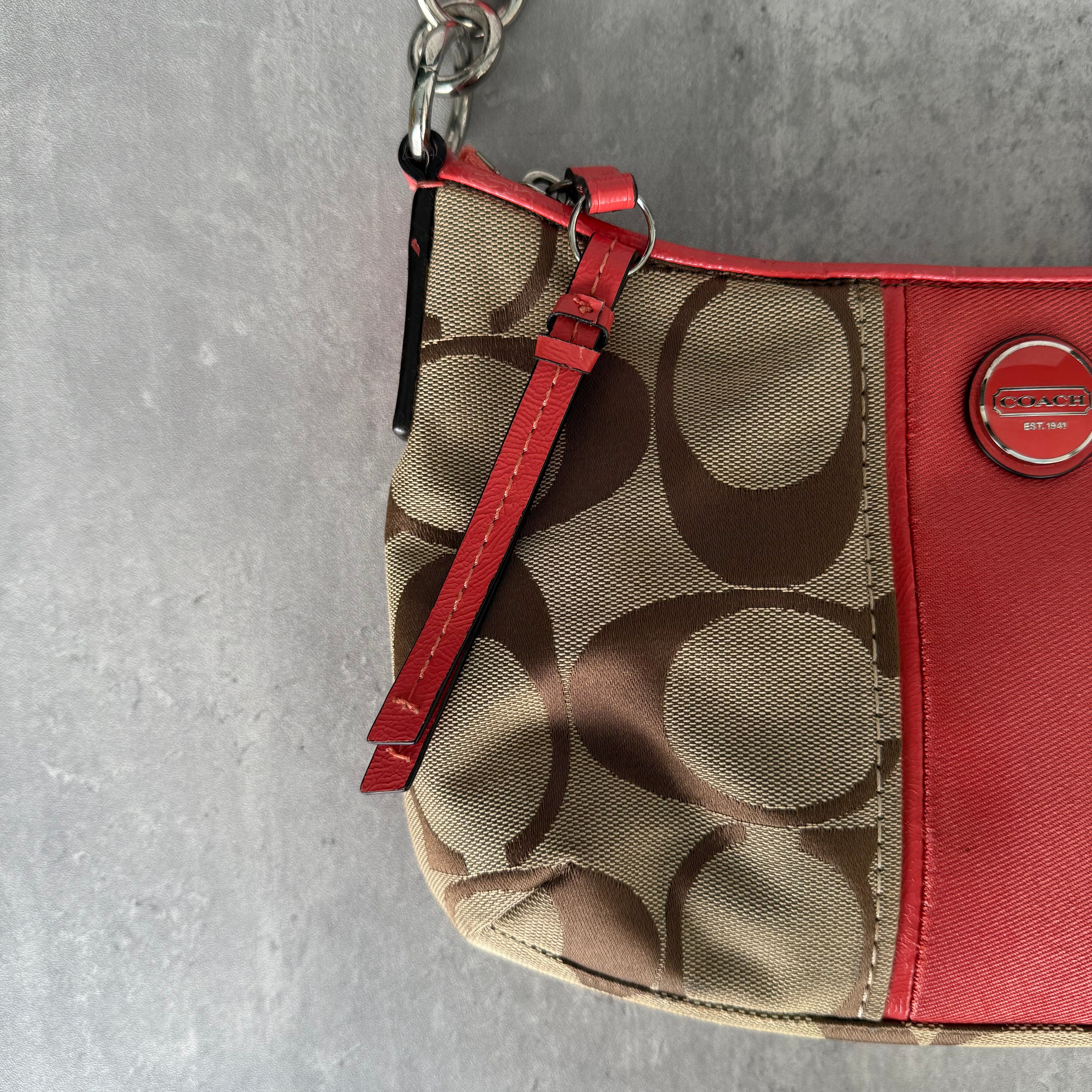 Coach 2Way Signature Strip Shoulder Bag Beige/Red
