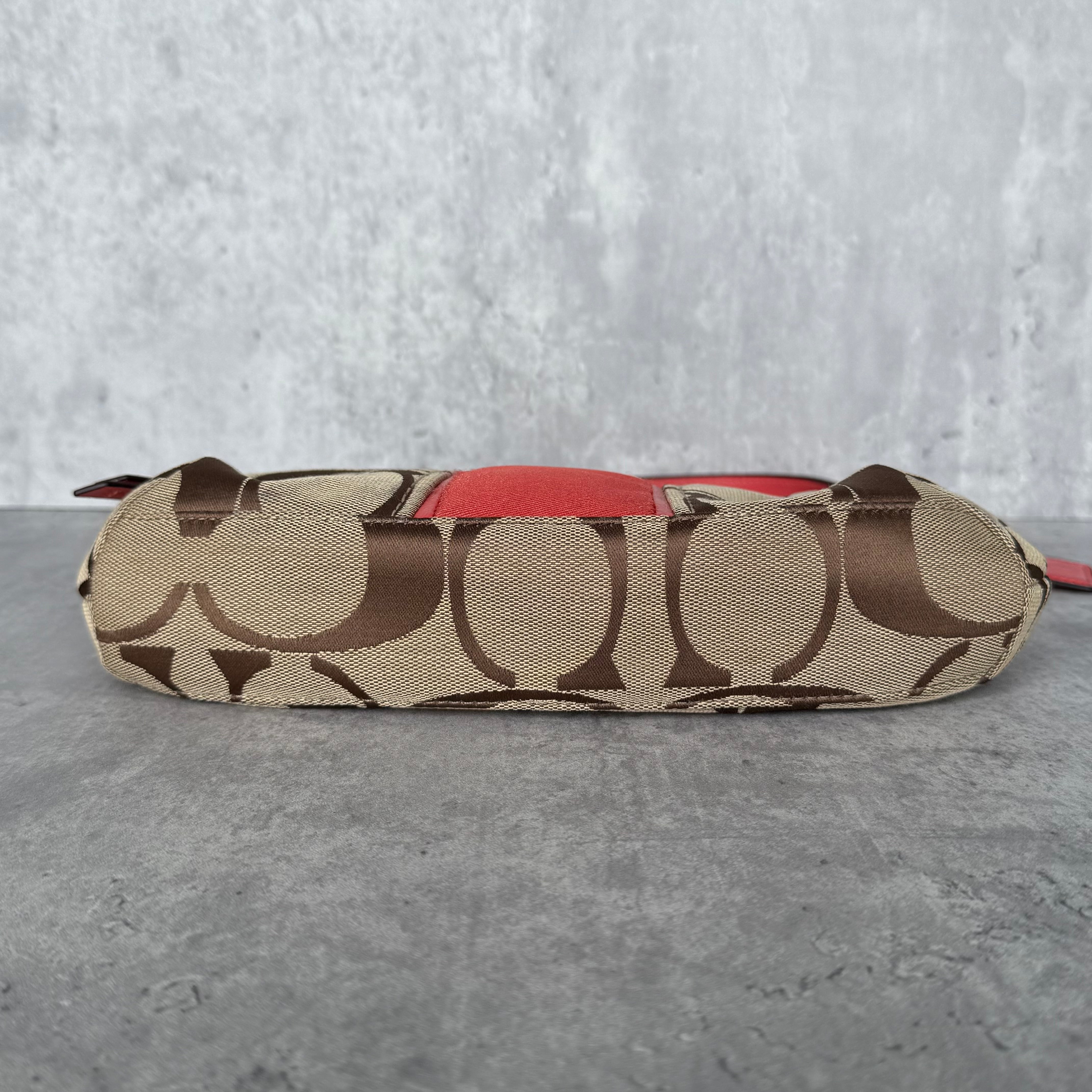 Coach 2Way Signature Strip Shoulder Bag Beige/Red