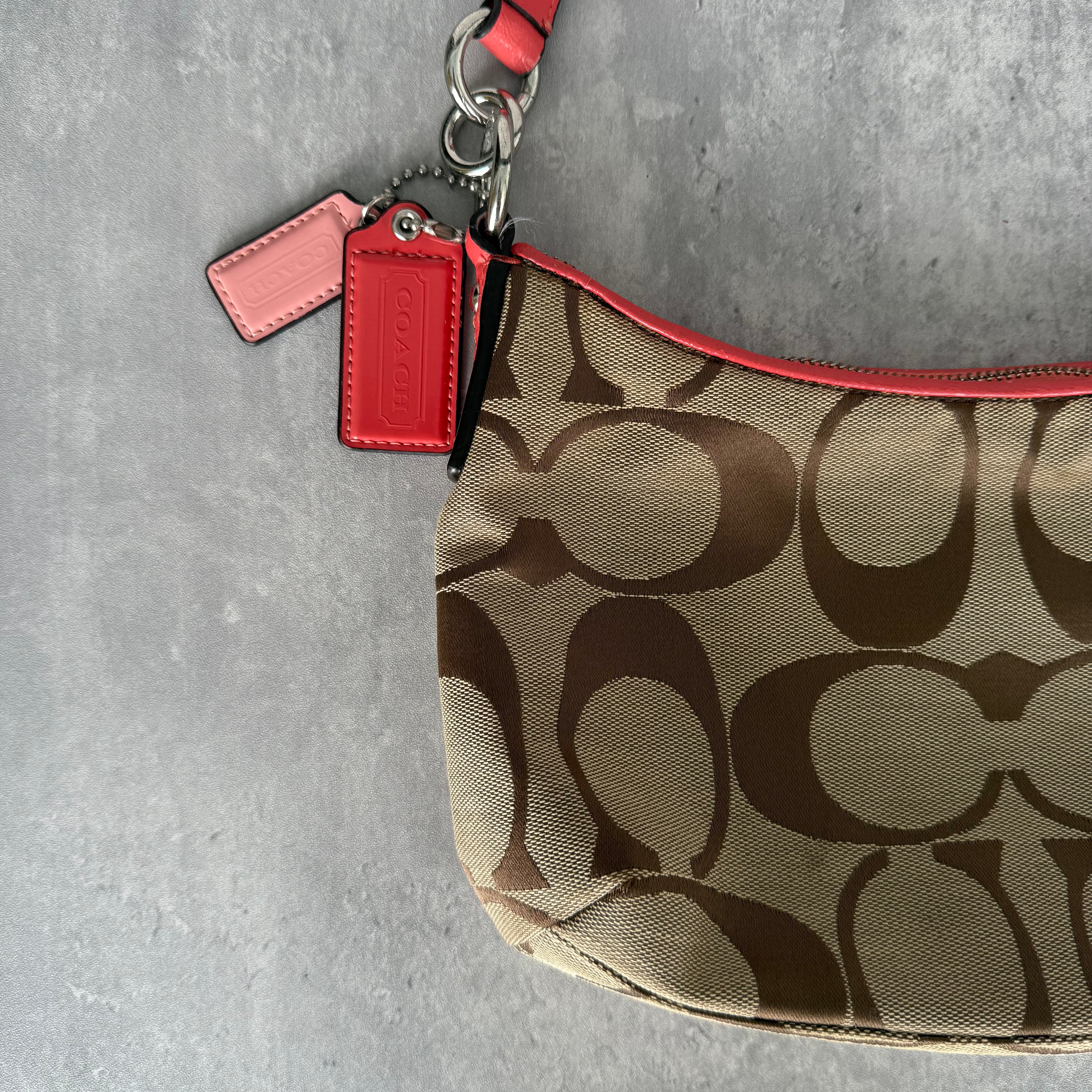 Coach 2Way Signature Strip Shoulder Bag Beige/Red