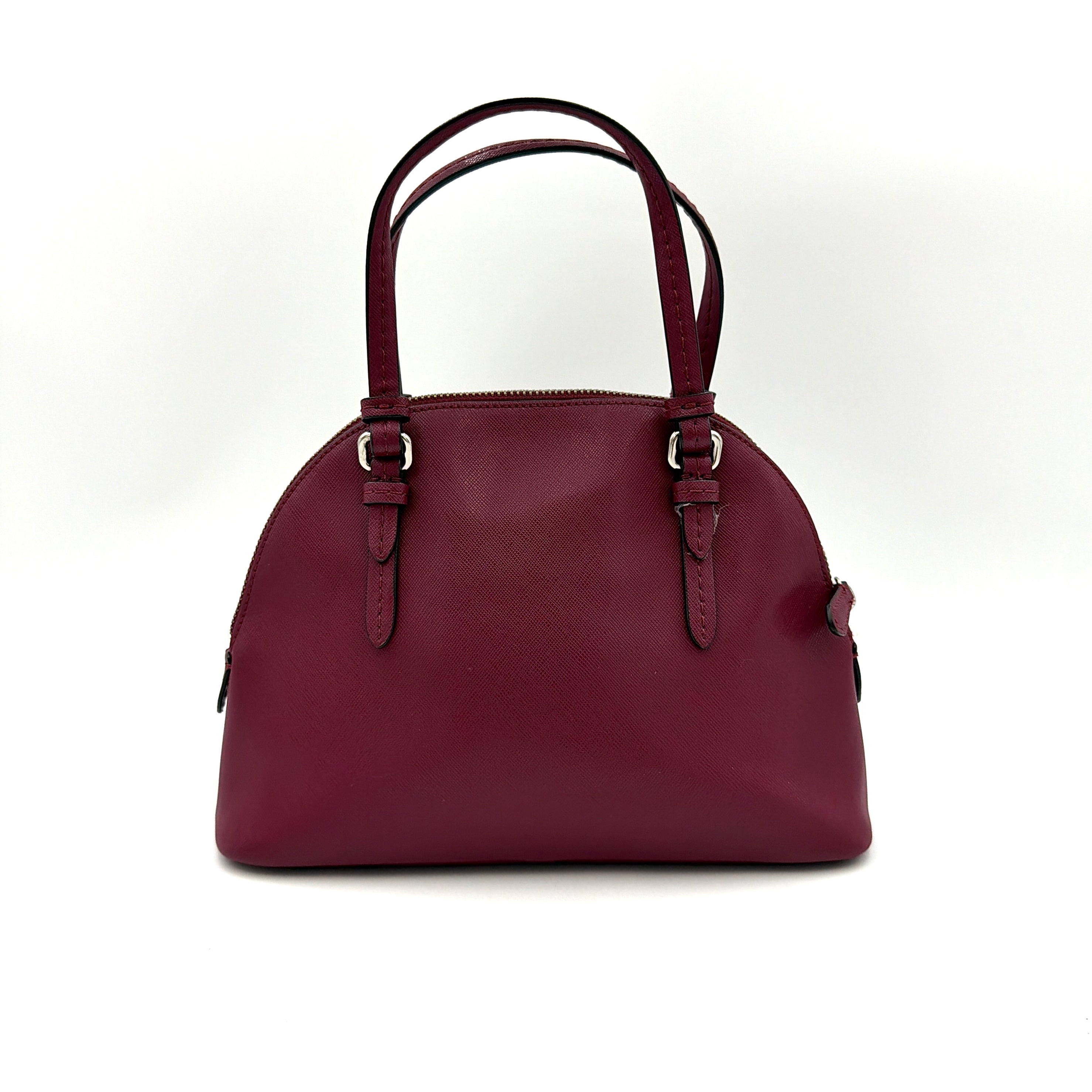 Coach Peyton satchel in burgundy crossgrain leather with silver hardware, shown with its detachable shoulder strap.