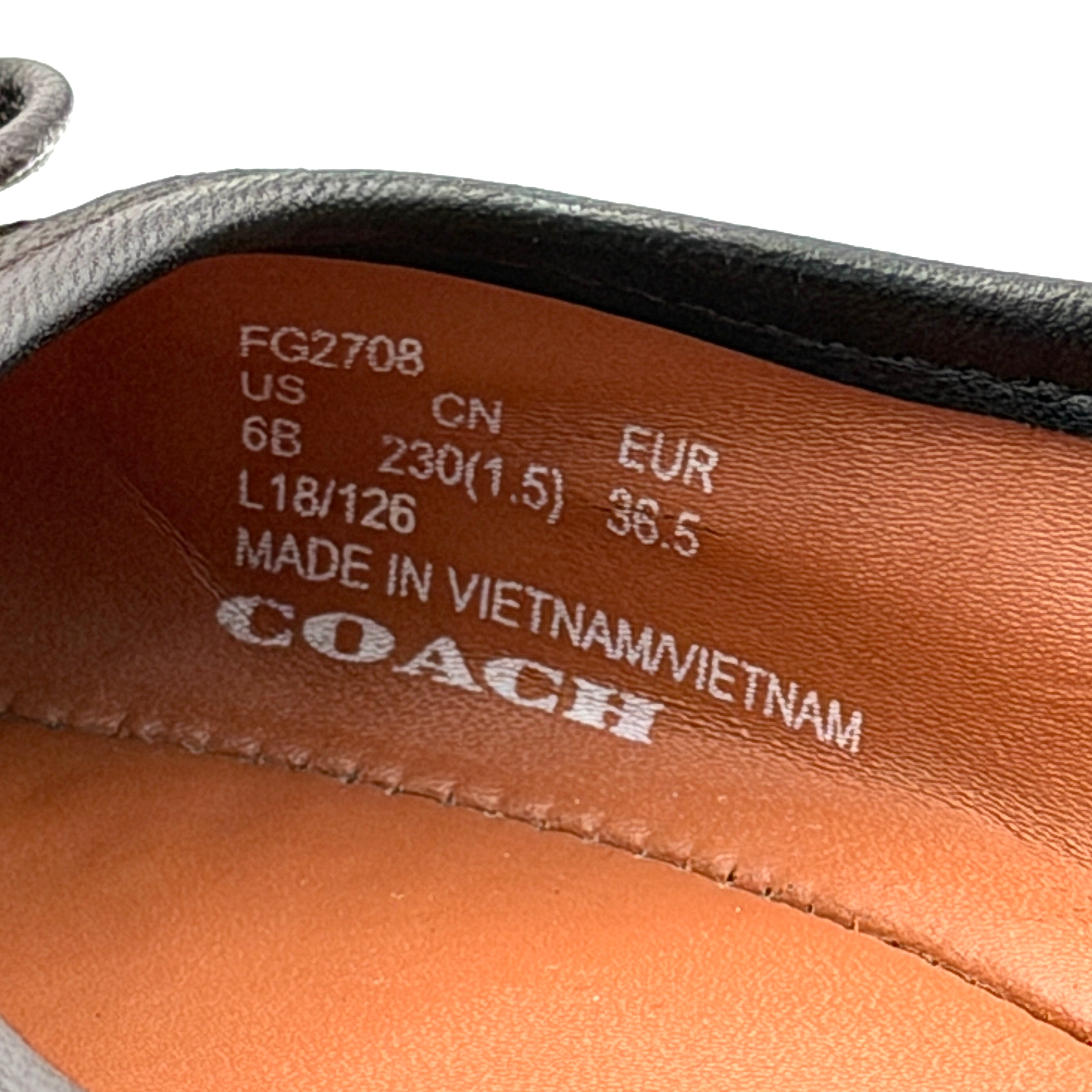 Coach Signature Bennie Jacqueline ballet flats in beige canvas with brown leather trims, shown side by side with tassel and gold charm details.