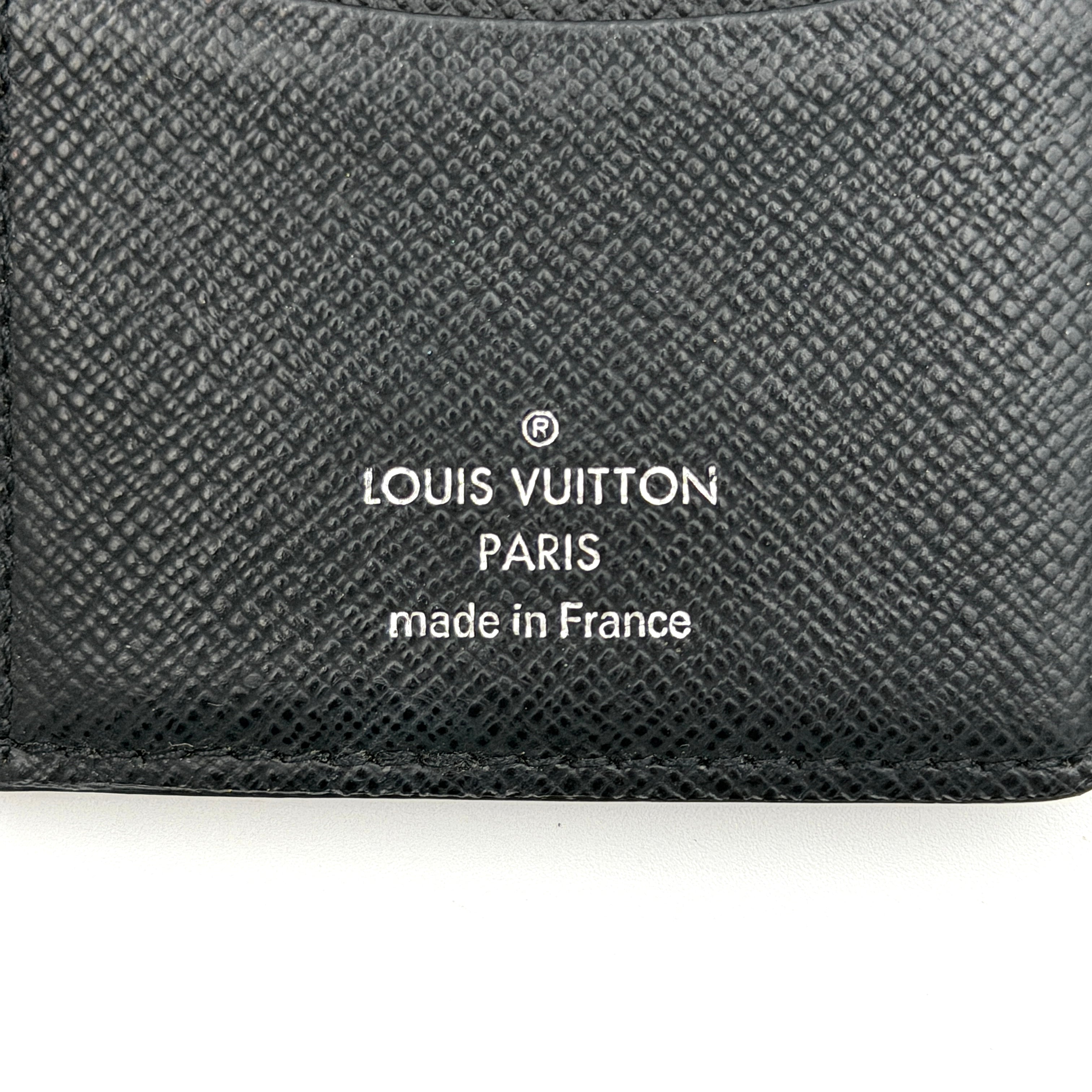 Louis Vuitton Damier Graphite Pocket Organizer in black coated canvas with tonal checkerboard pattern and slim profile.