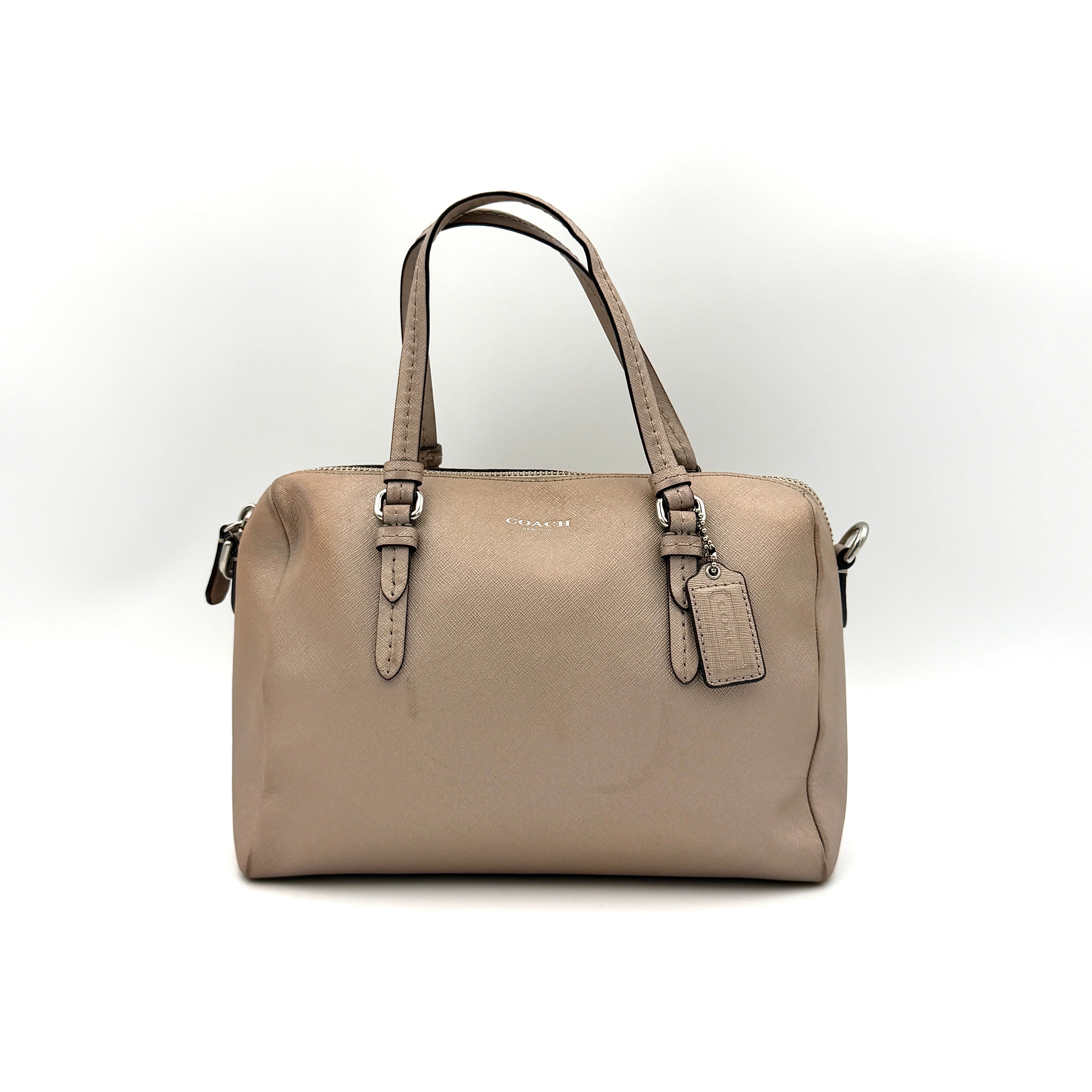 Coach Peyton Mini Bennett Boston Bag in light brown saffiano leather with silver-tone hardware, top handles, and a detachable strap.