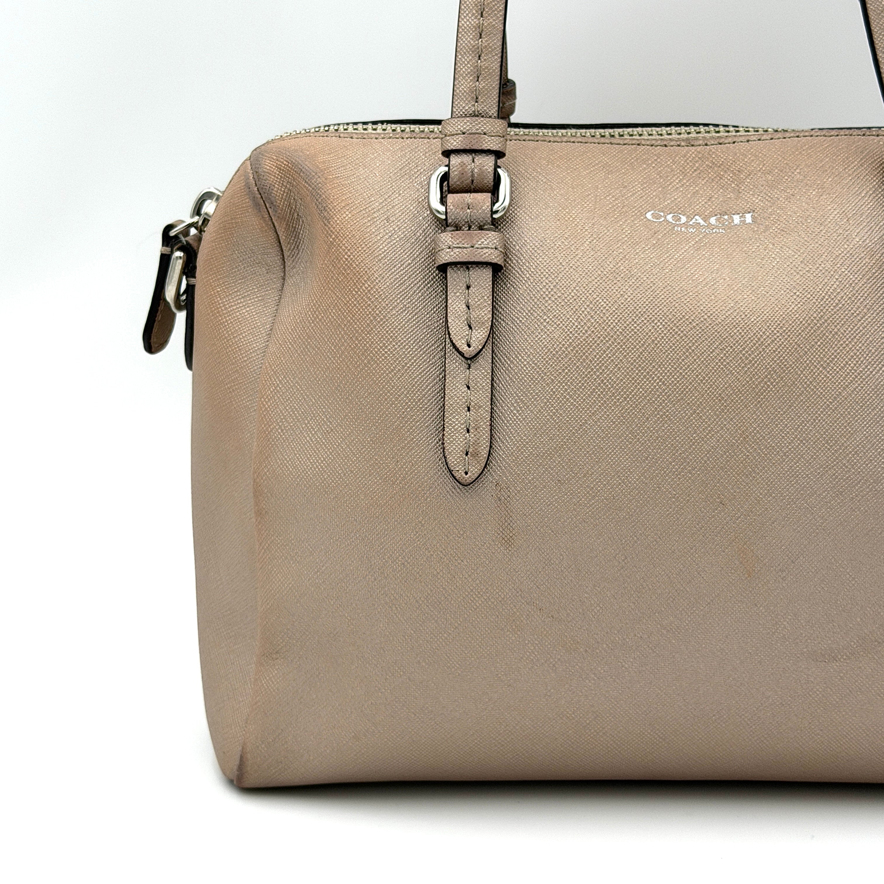 Coach Peyton Mini Bennett Boston Bag in light brown saffiano leather with silver-tone hardware, top handles, and a detachable strap.