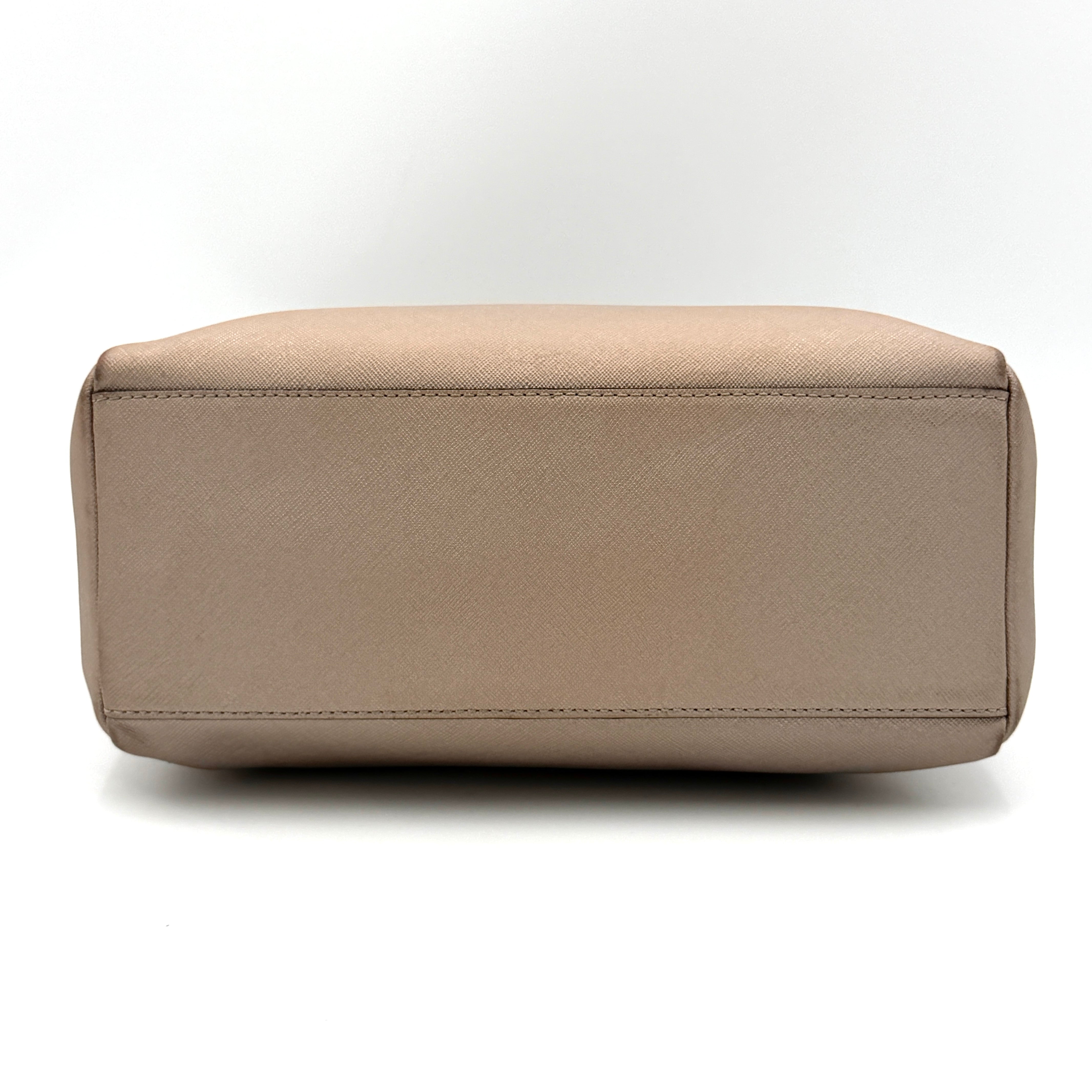 Coach Peyton Mini Bennett Boston Bag in light brown saffiano leather with silver-tone hardware, top handles, and a detachable strap.
