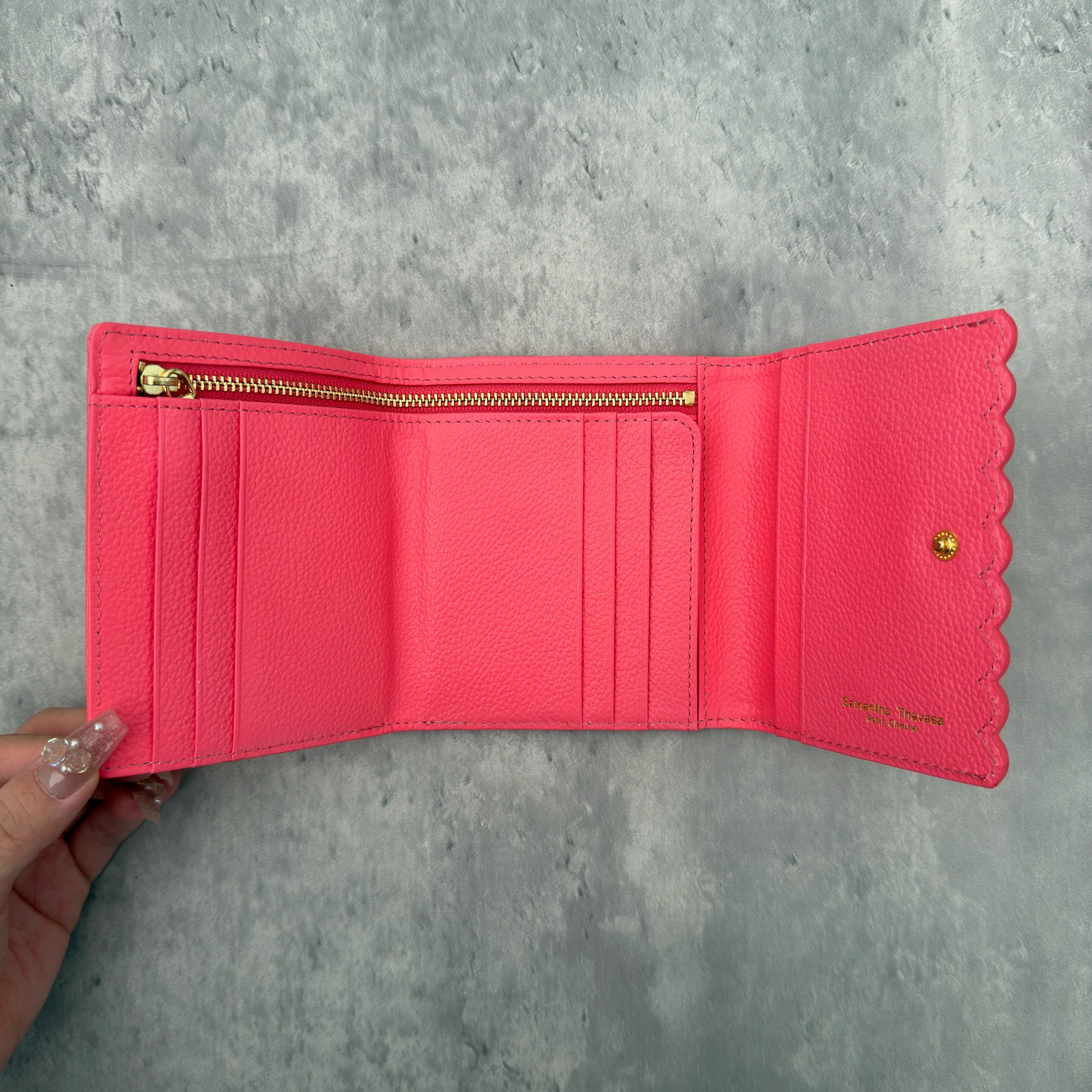 Samantha Thavasa Pink Leather Wallet with scalloped edges, gold-tone hardware, and structured bifold design.