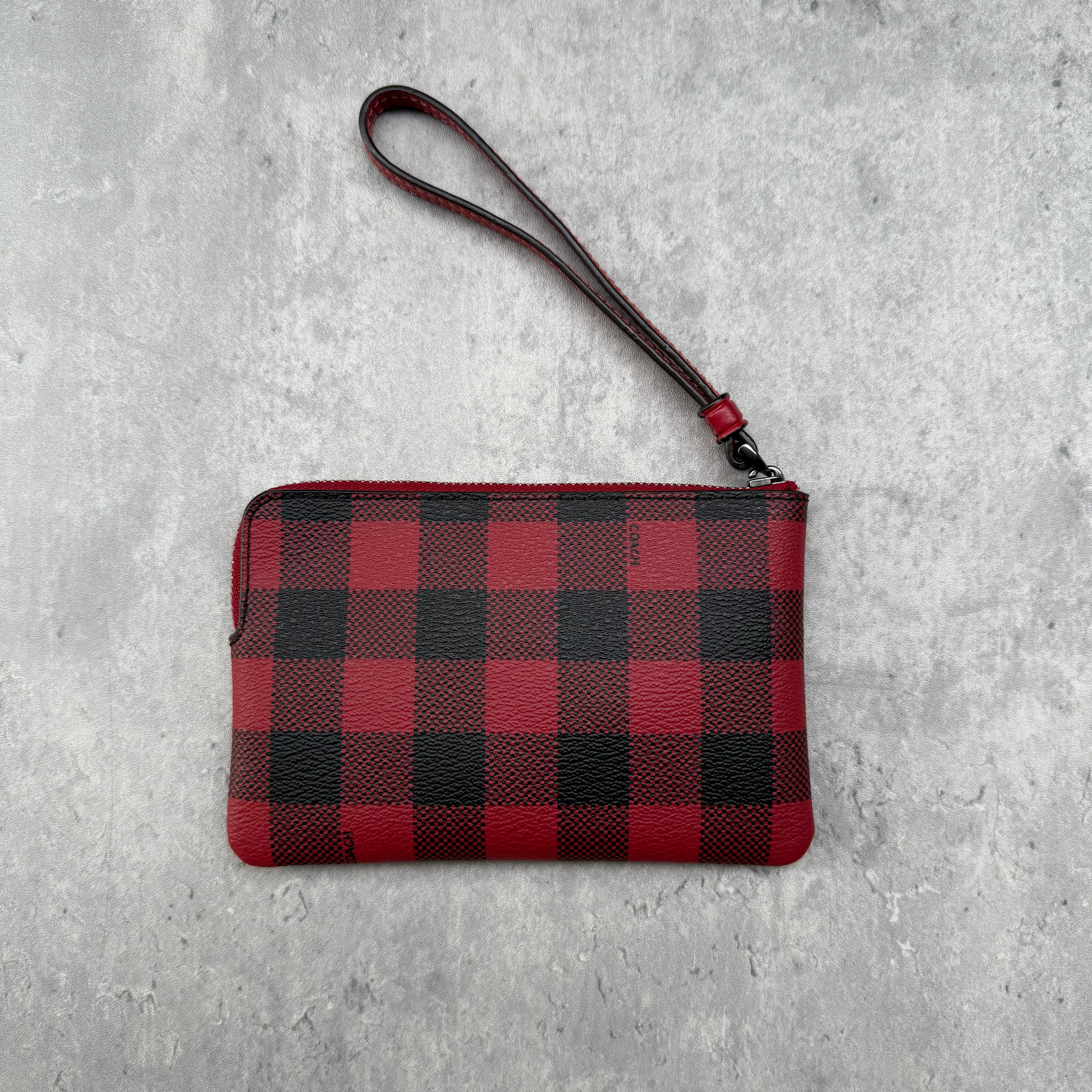 Coach Buffalo Plaid Print Zip Wristlet Red/Black