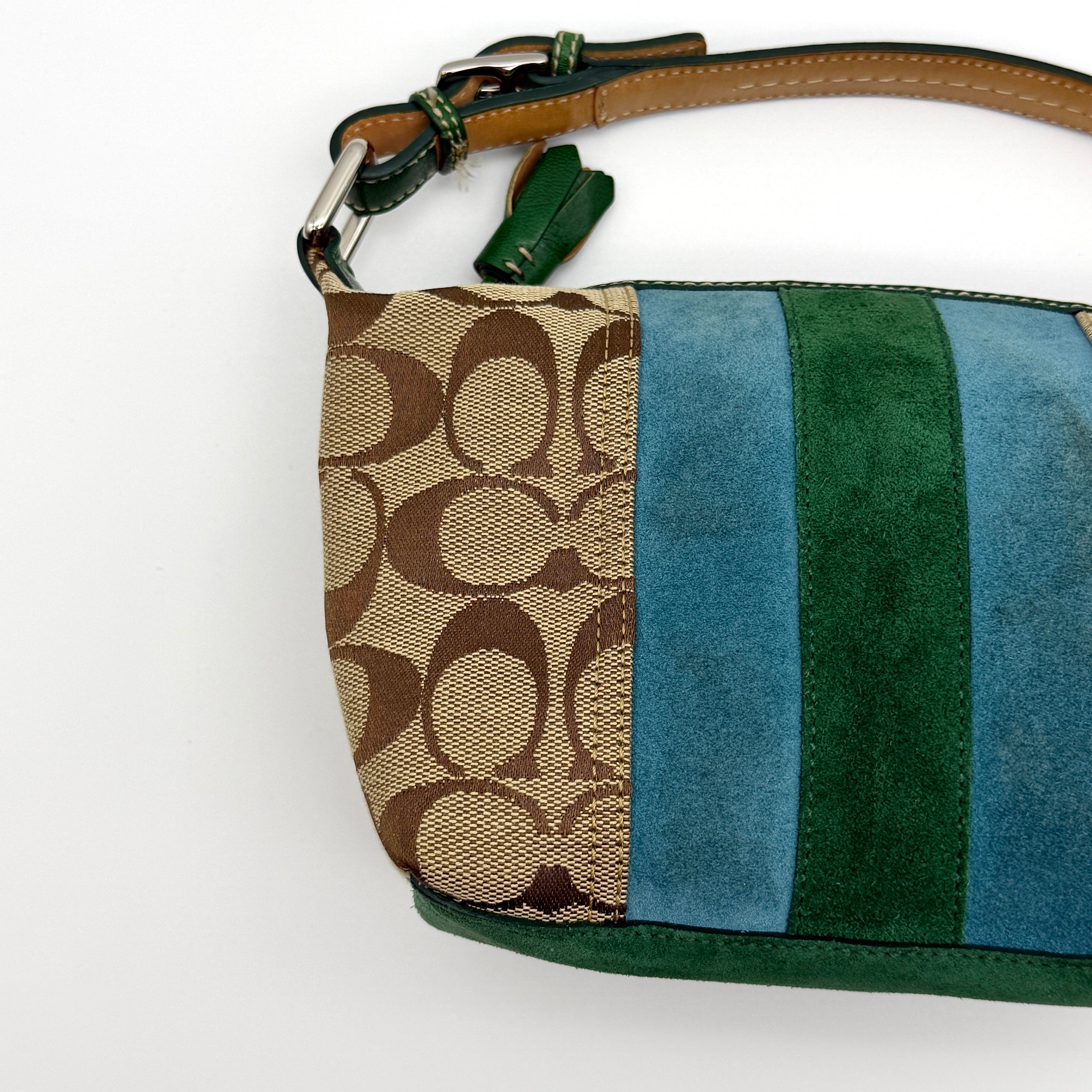 Coach Signature Mini Hobo Striped Suede Shoulder Bag Beige/Green