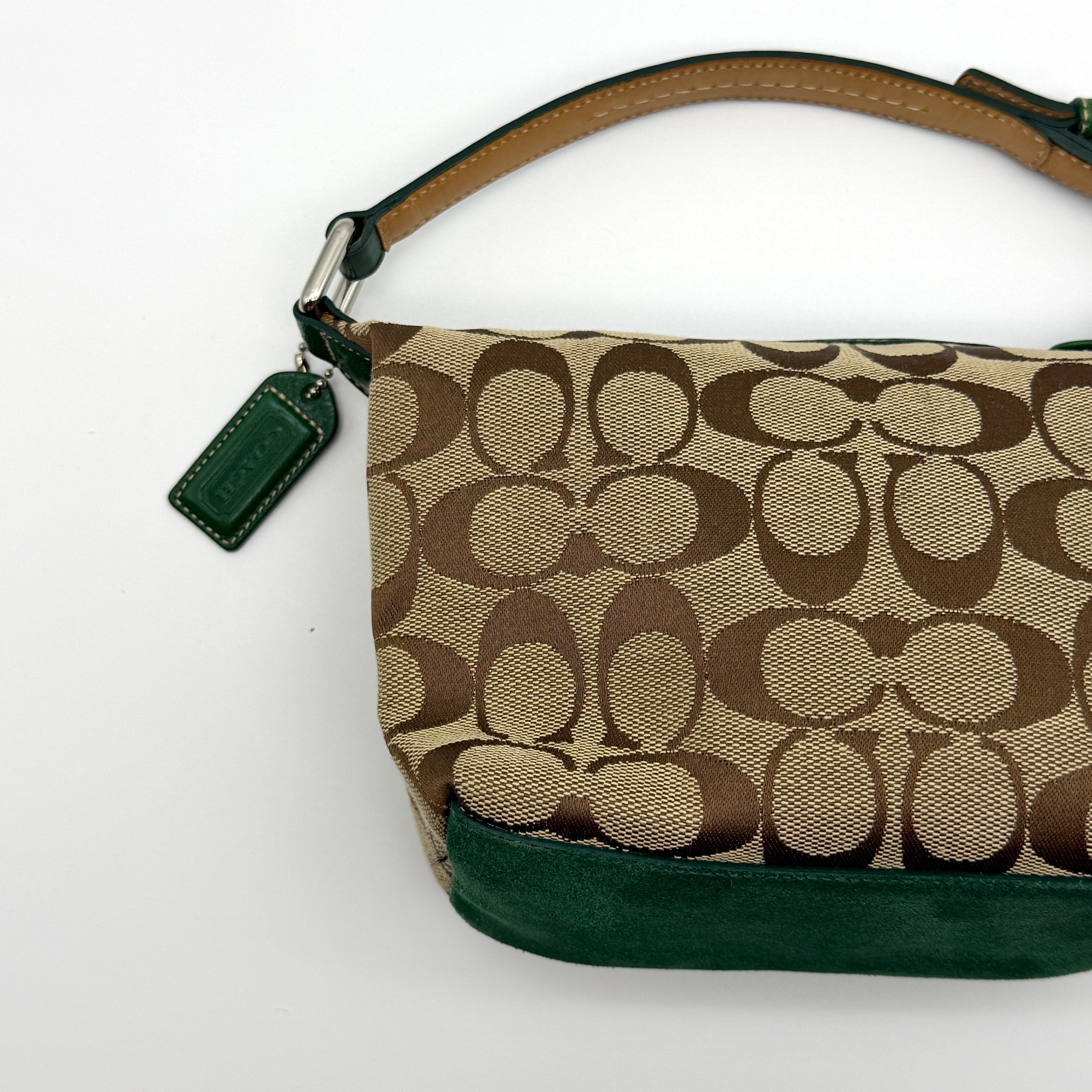 Coach Signature Mini Hobo Striped Suede Shoulder Bag Beige/Green