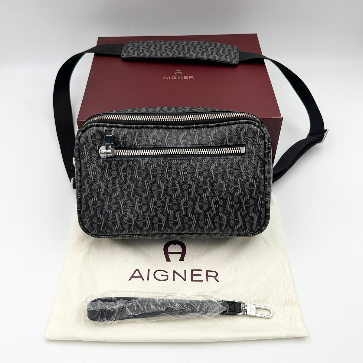 Aigner Monogram Leather Crossbody Bag Black/Grey