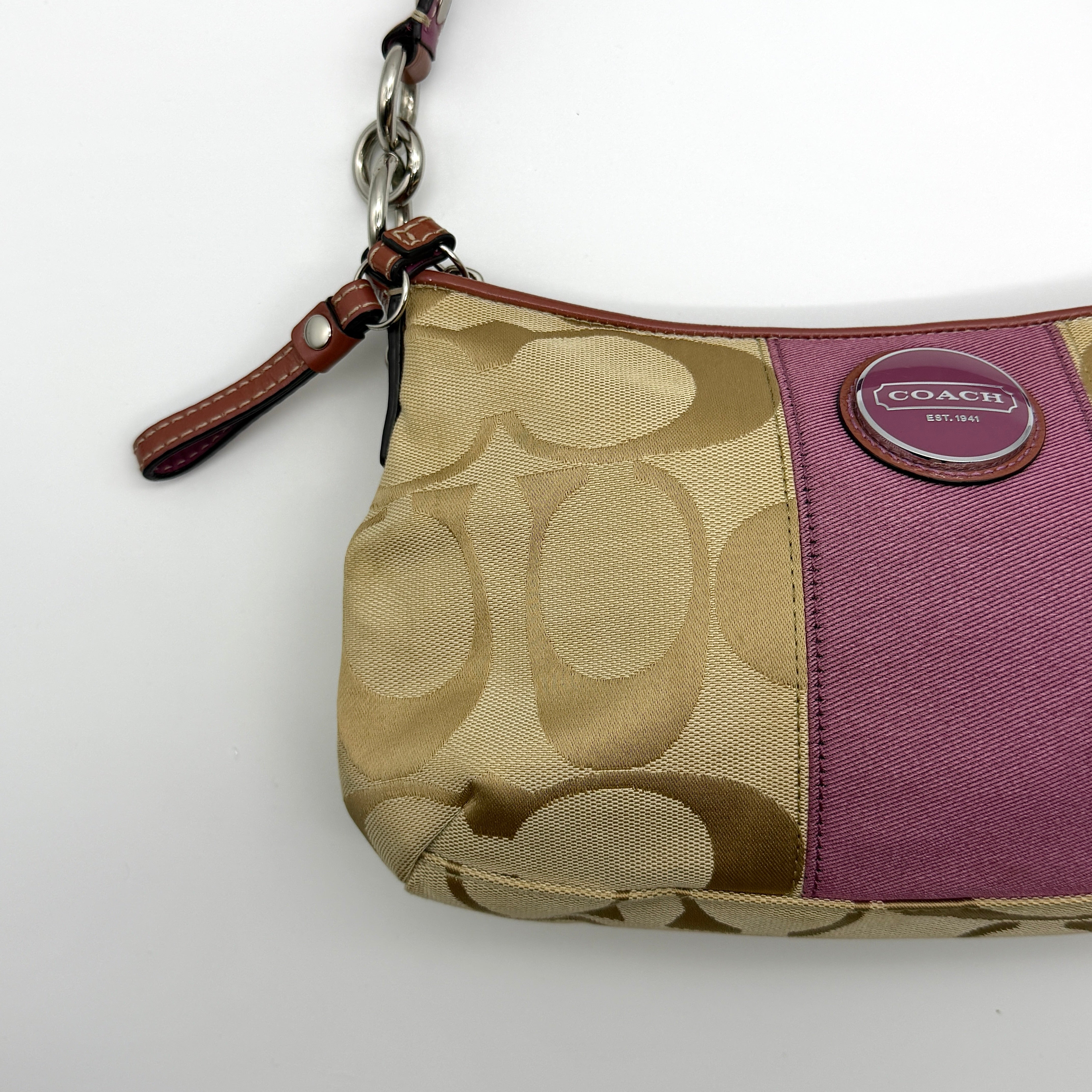 Coach 2Way Signature Stripe Shoulder Bag Beige/Purple