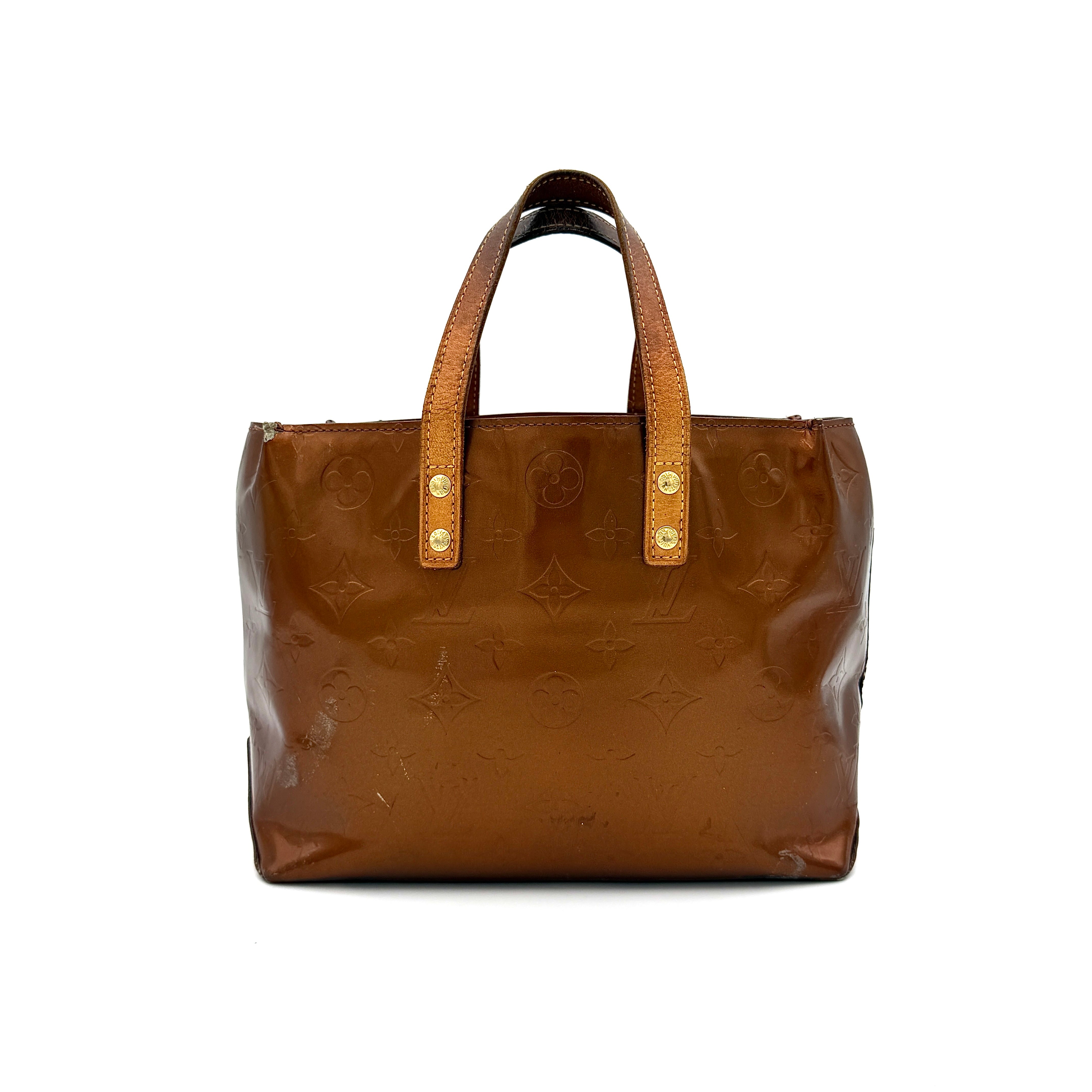 Louis Vuitton PM Vernis Reade Shoulder Bag in glossy bronze patent leather with monogram embossing and structured silhouette.