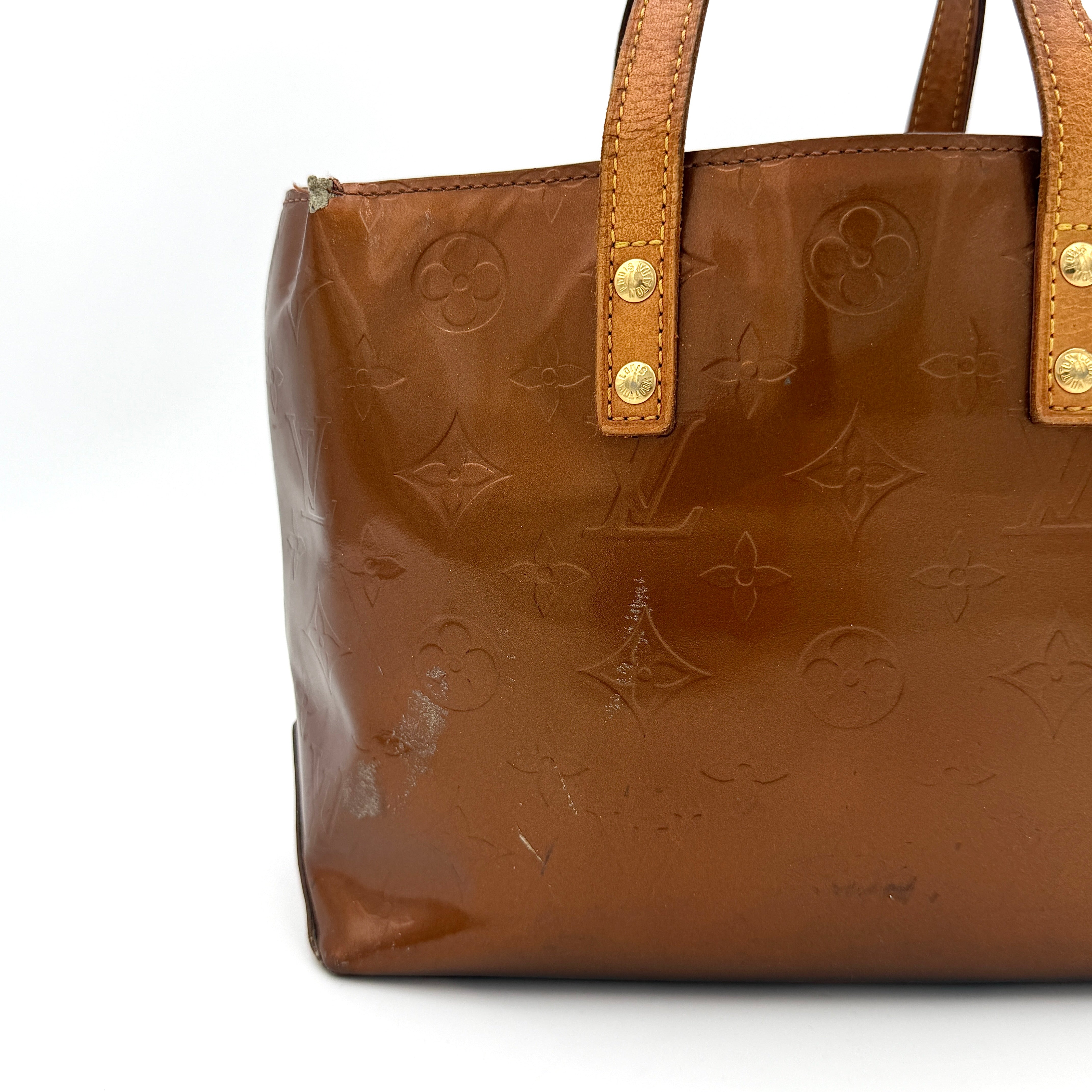 Louis Vuitton PM Vernis Reade Shoulder Bag in glossy bronze patent leather with monogram embossing and structured silhouette.