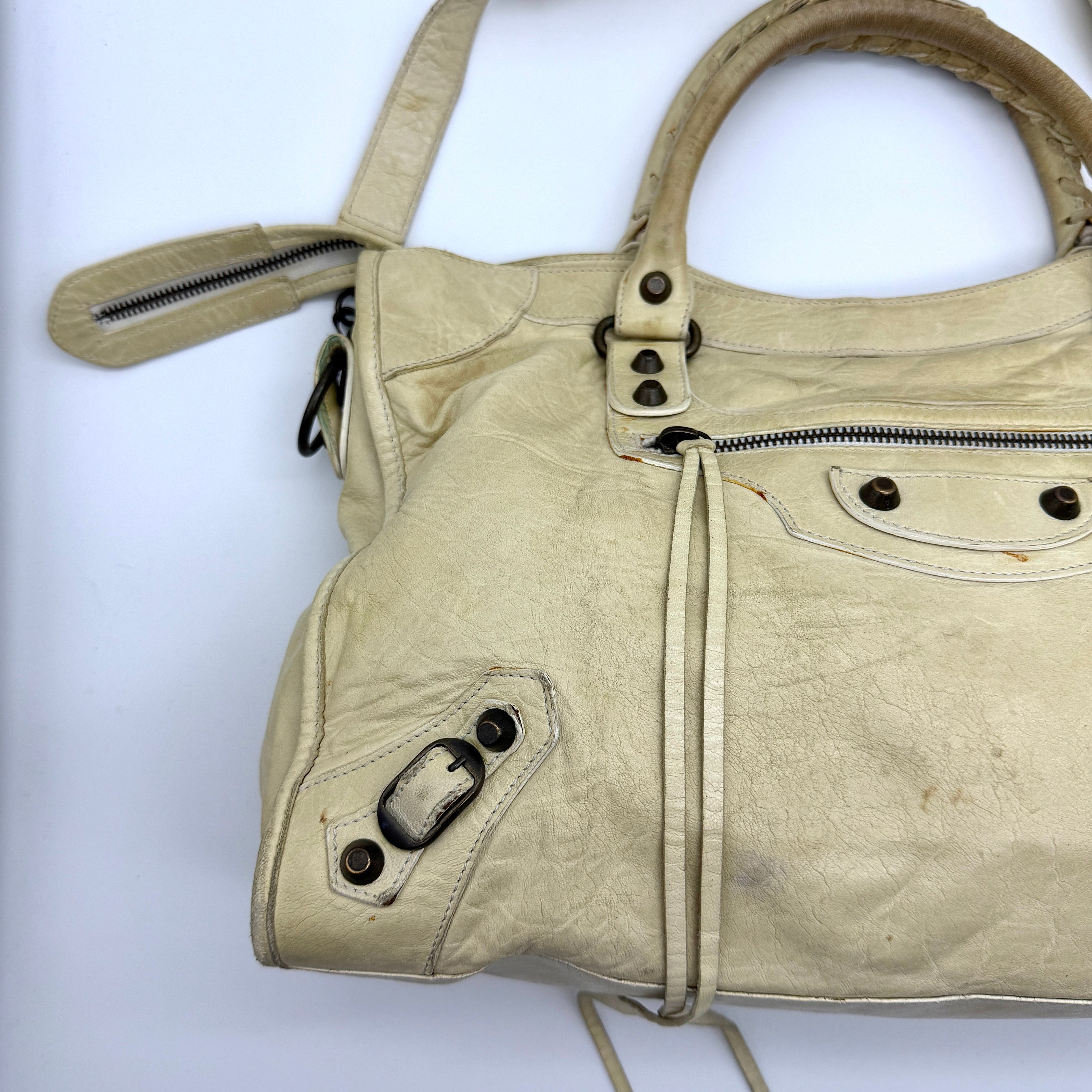 Balenciaga 2Way Agneau Leather Motorcycle City Bag Cream