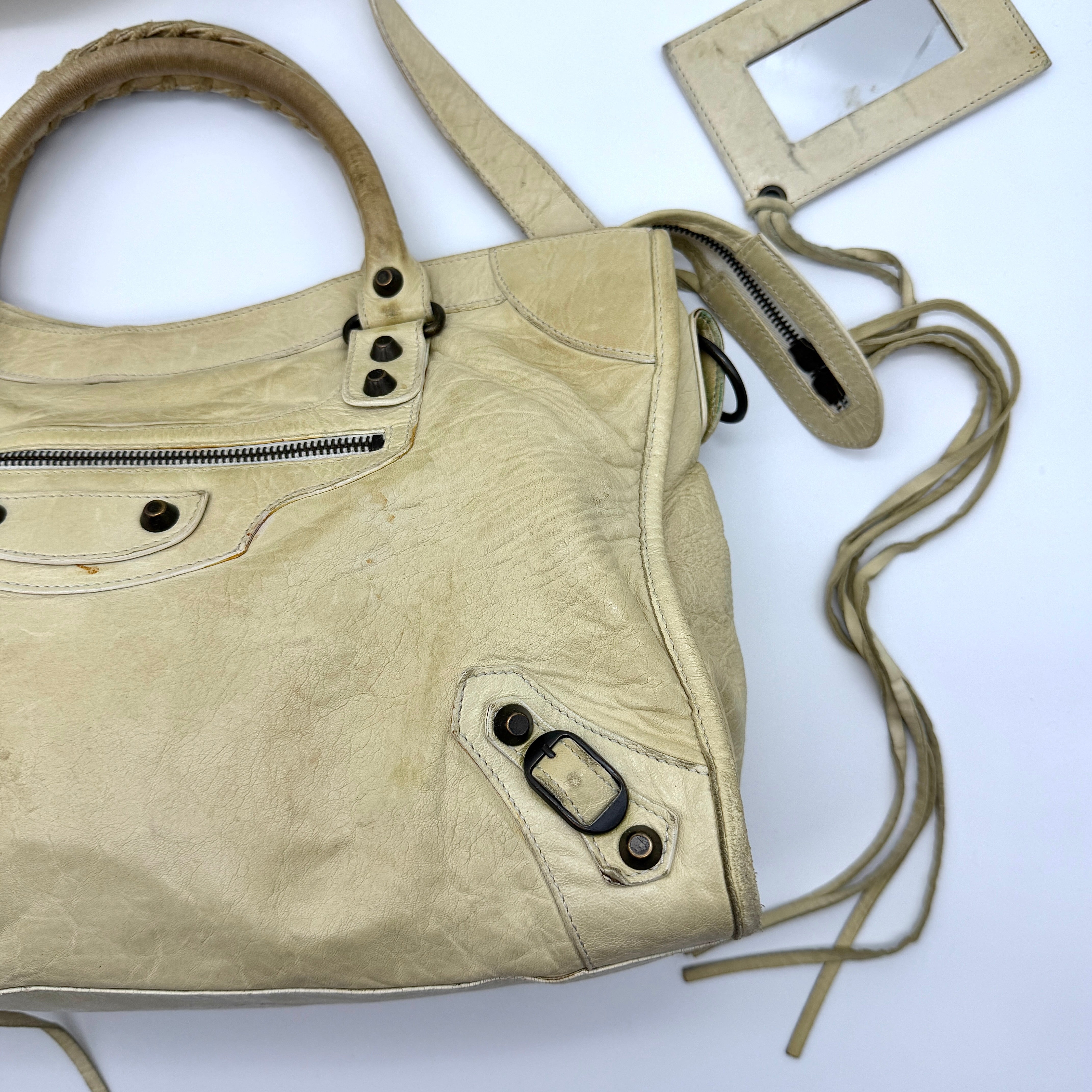 Balenciaga 2Way Agneau Leather Motorcycle City Bag Cream