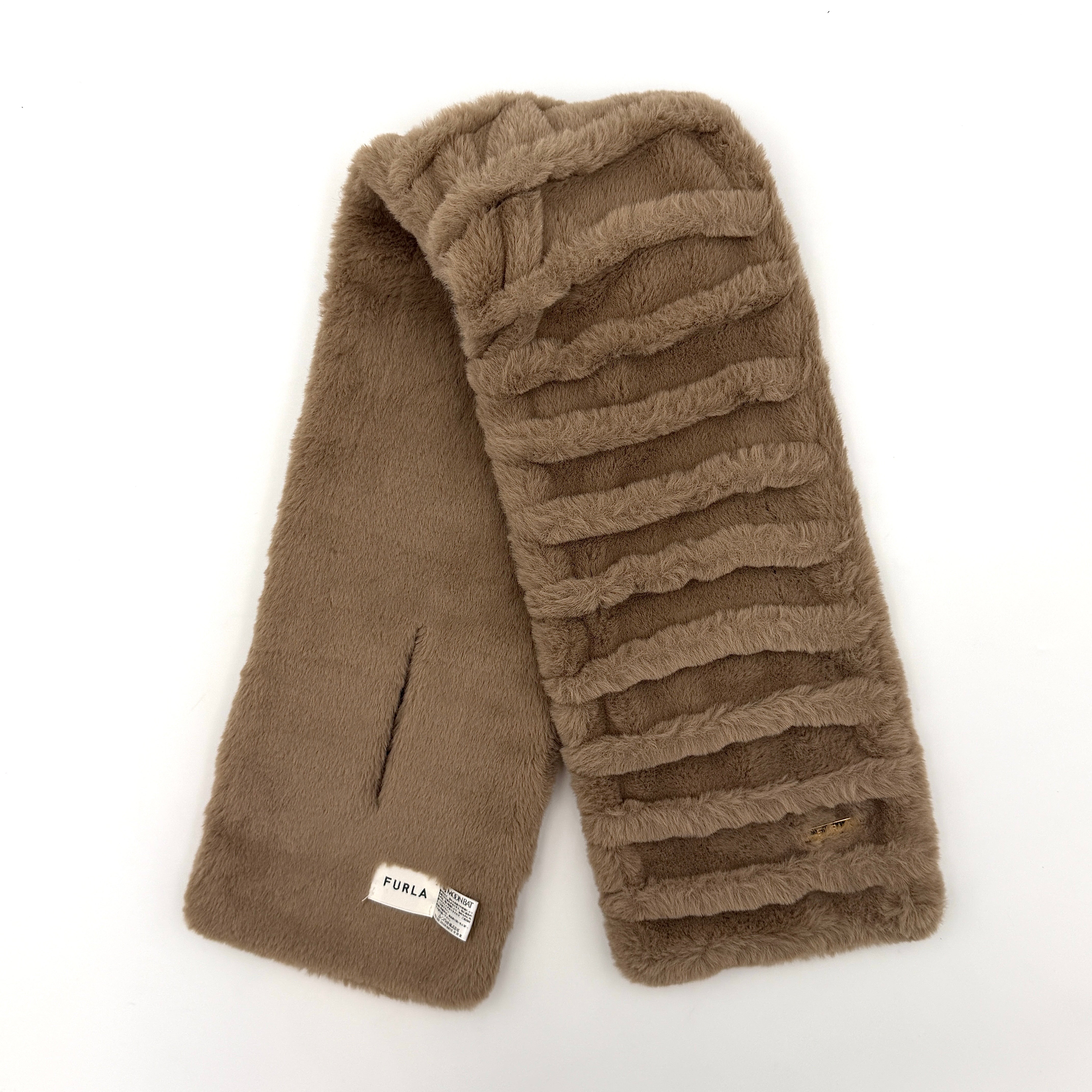 Furla brown faux fur scarf with sculpted ridge texture, gold logo plaque, and slit opening for effortless styling.