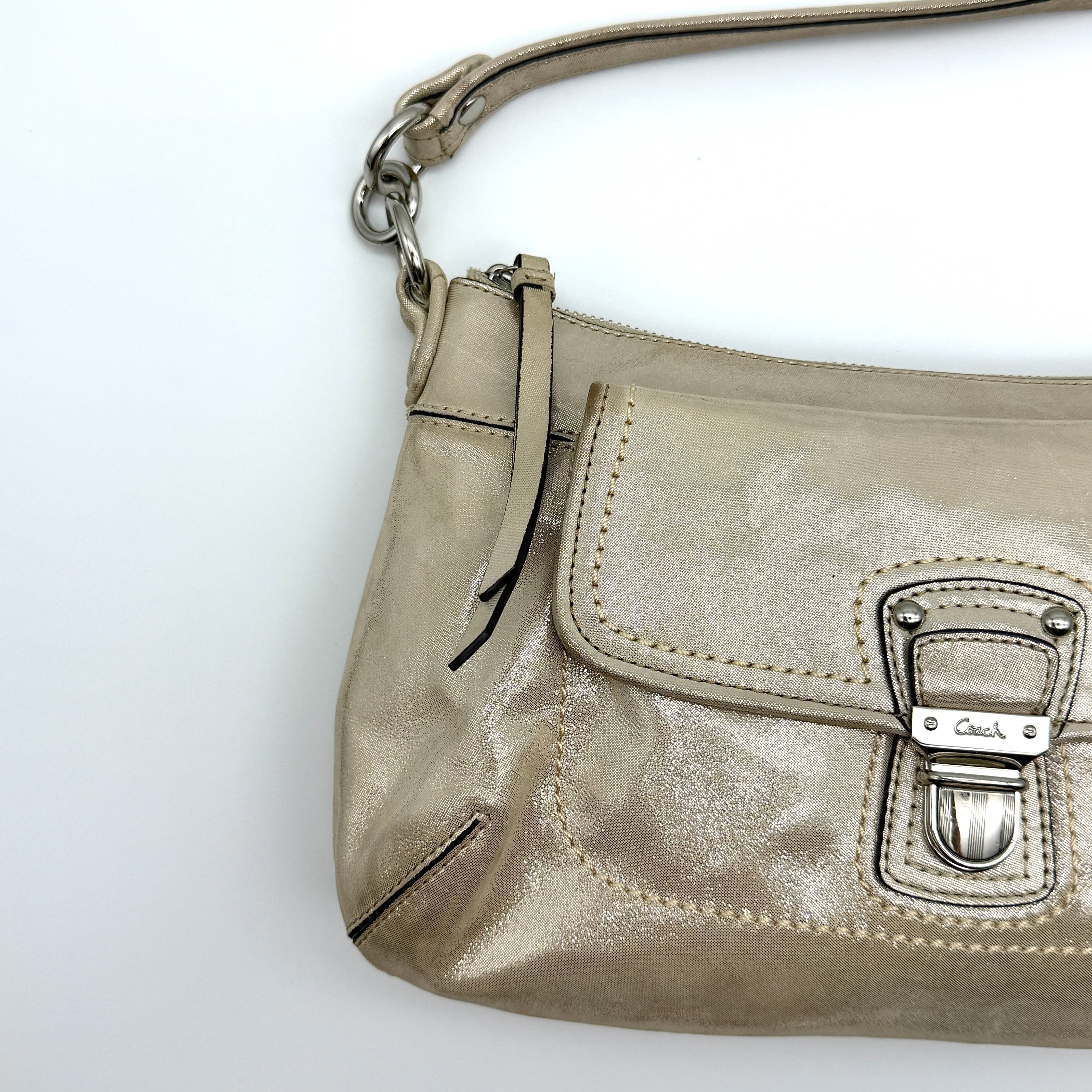 Coach 2Way Signature Shoulder Bag Metallic Beige