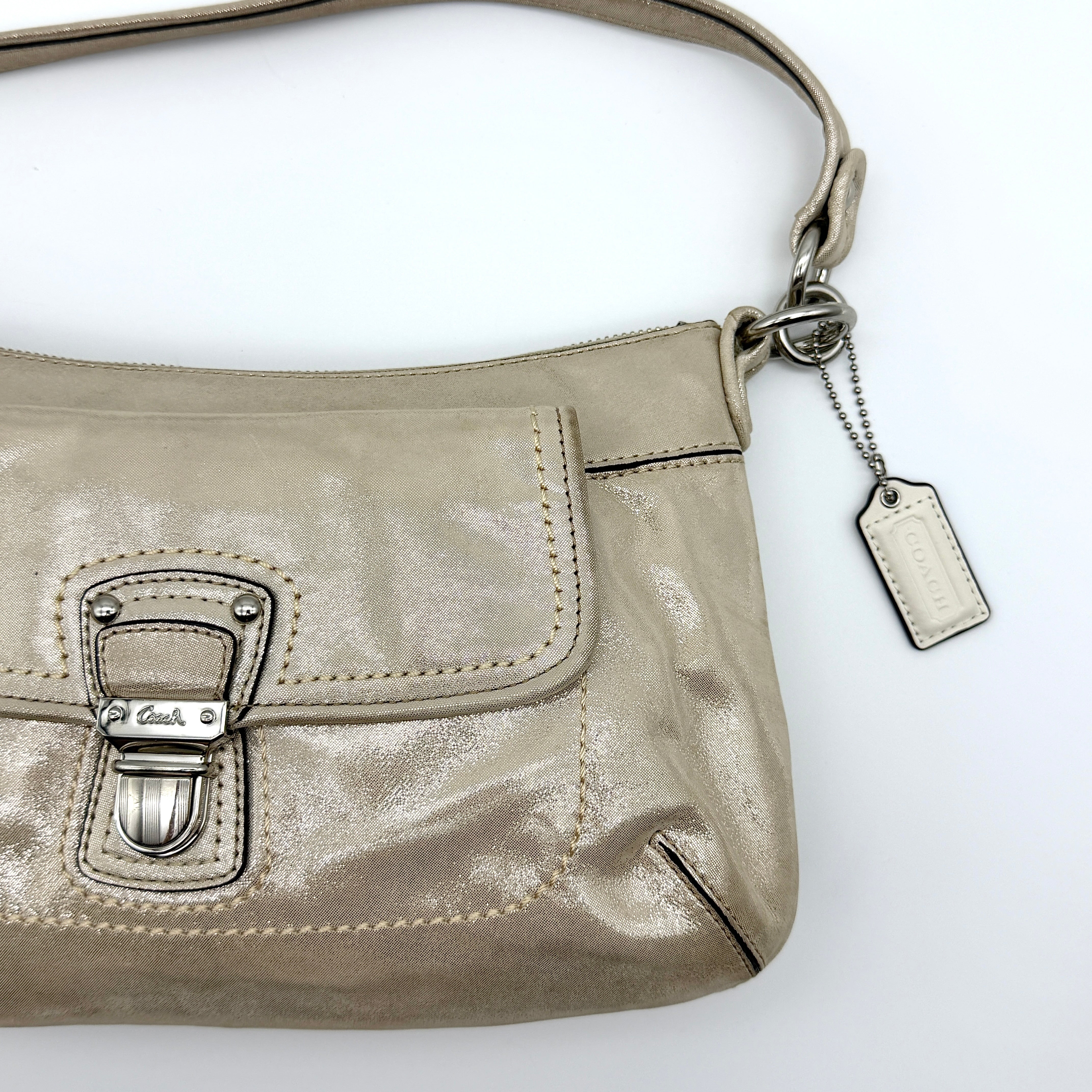 Coach 2Way Signature Shoulder Bag Metallic Beige