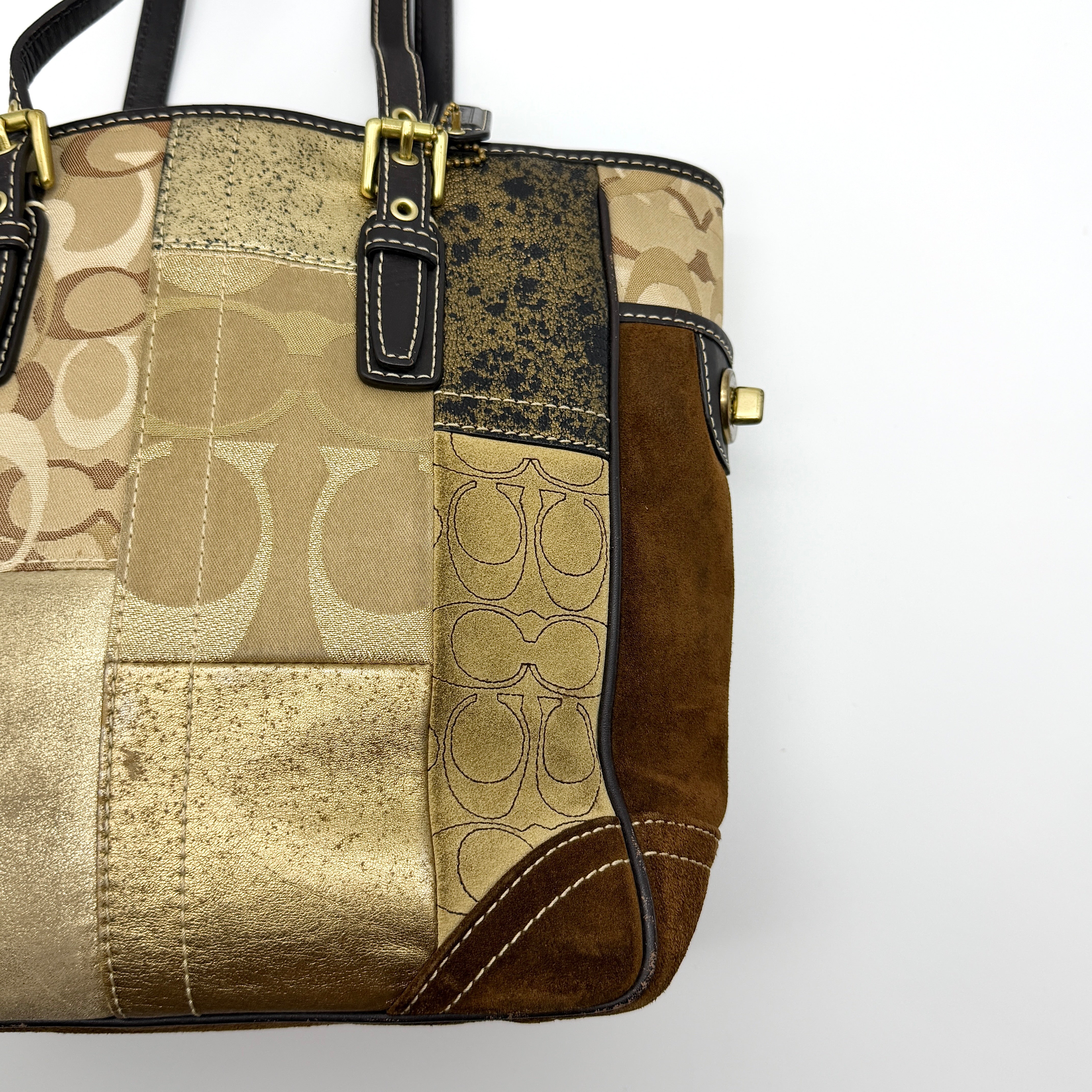 Coach Y2K Signature Patchwork Tote Bag Gold/Brown