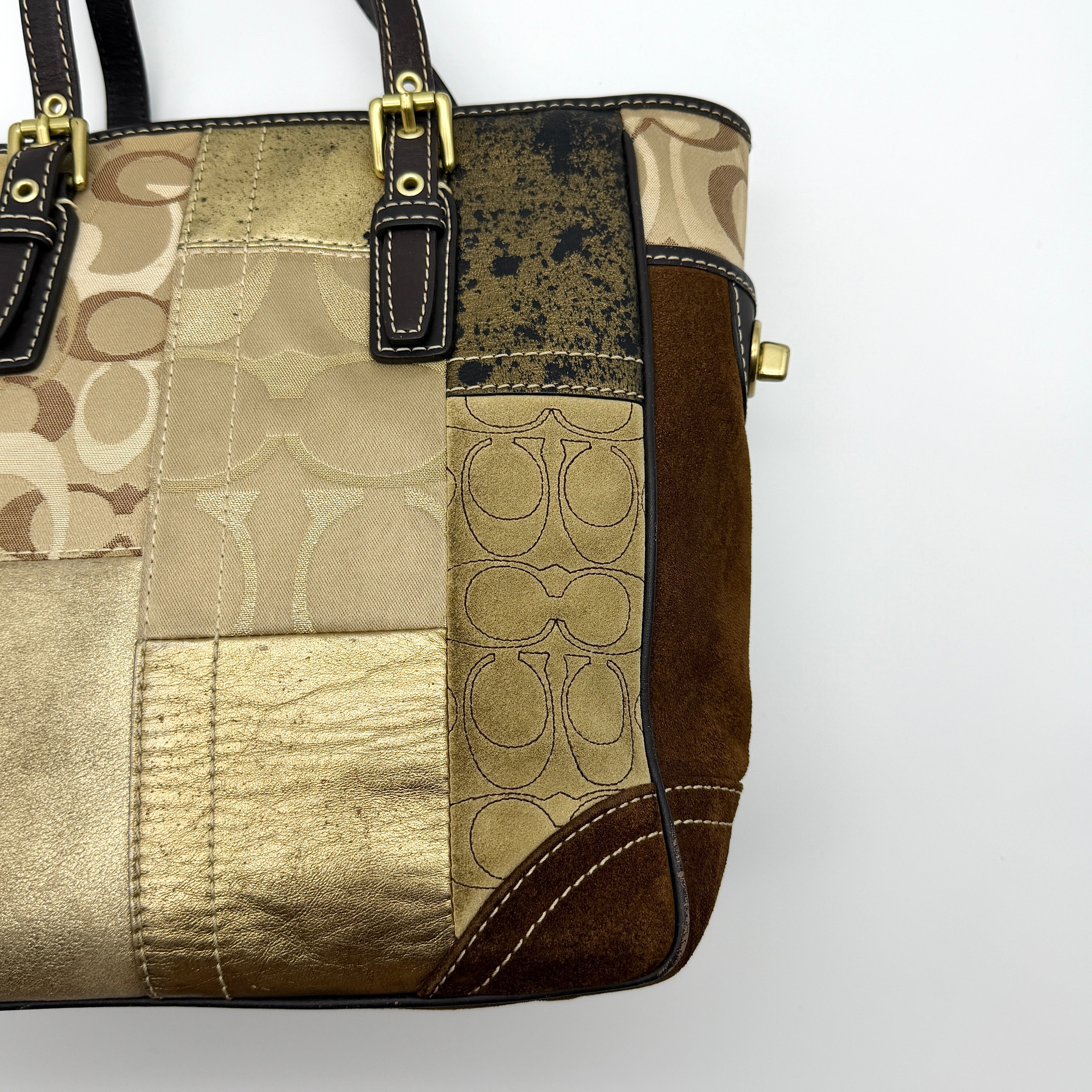 Coach Y2K Signature Patchwork Tote Bag Gold/Brown