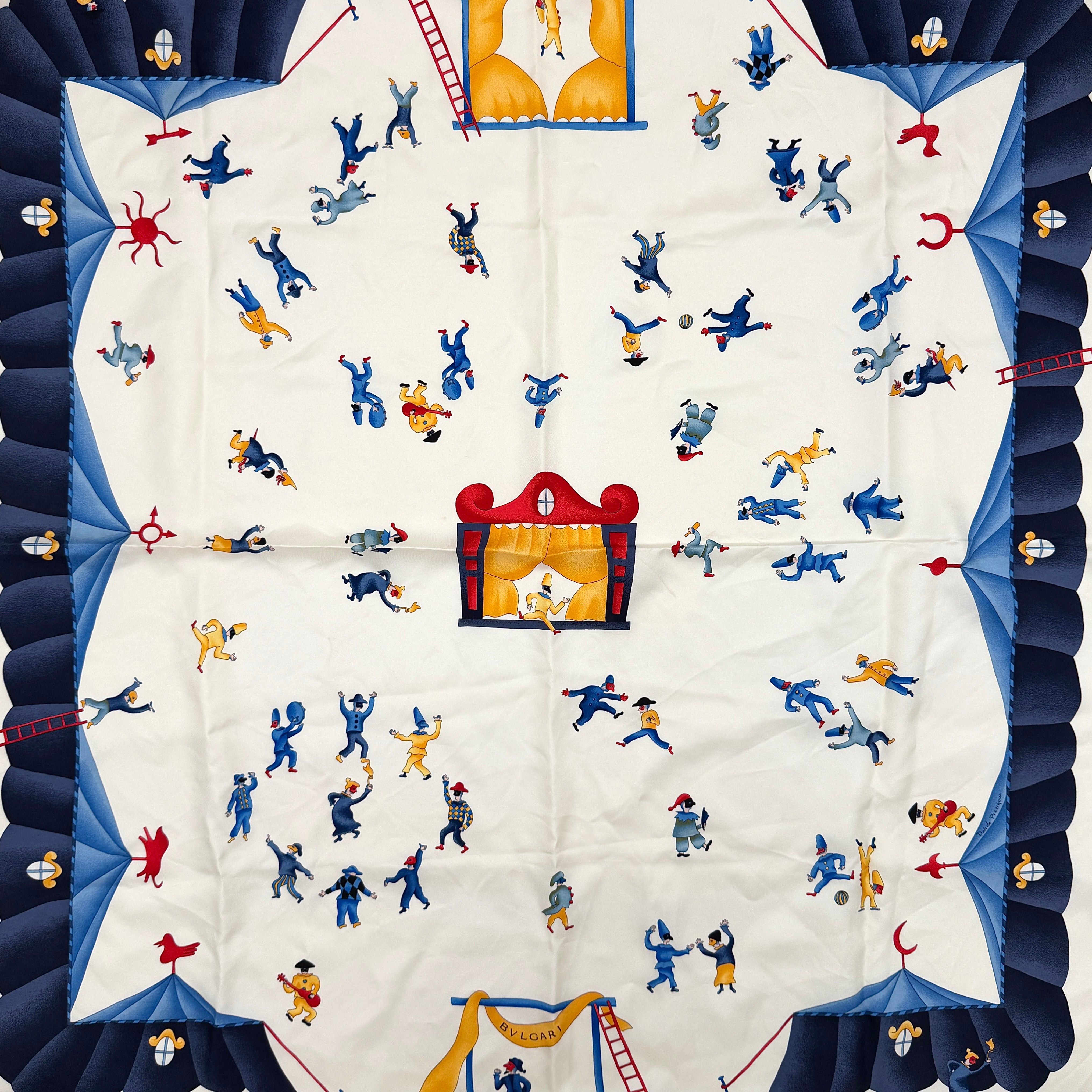 Bvlgari Girotondo di Marionette silk scarf featuring playful multicolour marionette illustrations and circus motifs on a creamy background.