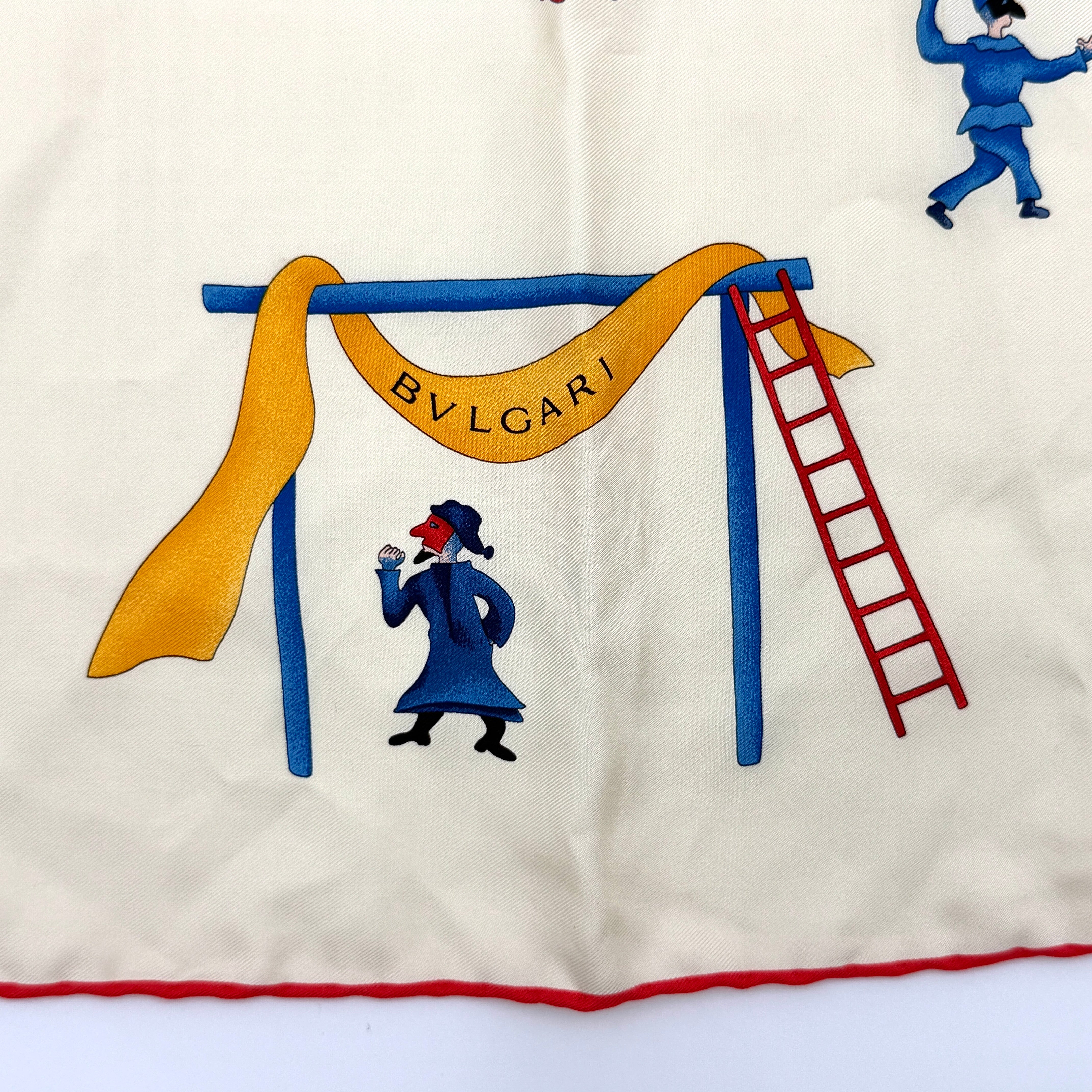 Bvlgari Girotondo di Marionette silk scarf featuring playful multicolour marionette illustrations and circus motifs on a creamy background.