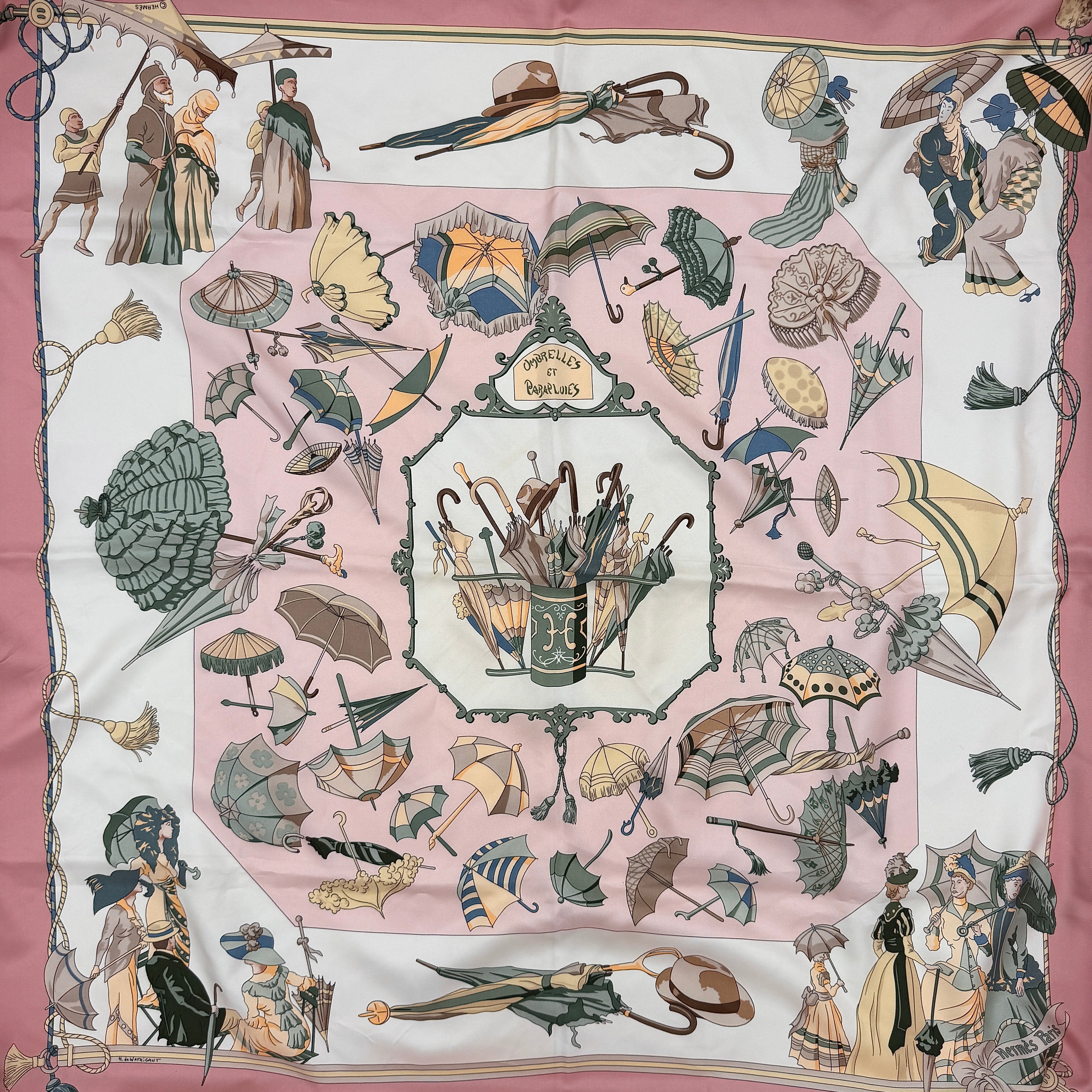 Hermès Ombrelles et Parapluies silk scarf in pink with umbrella print and illustrated figures, gracefully draped to show the intricate design.