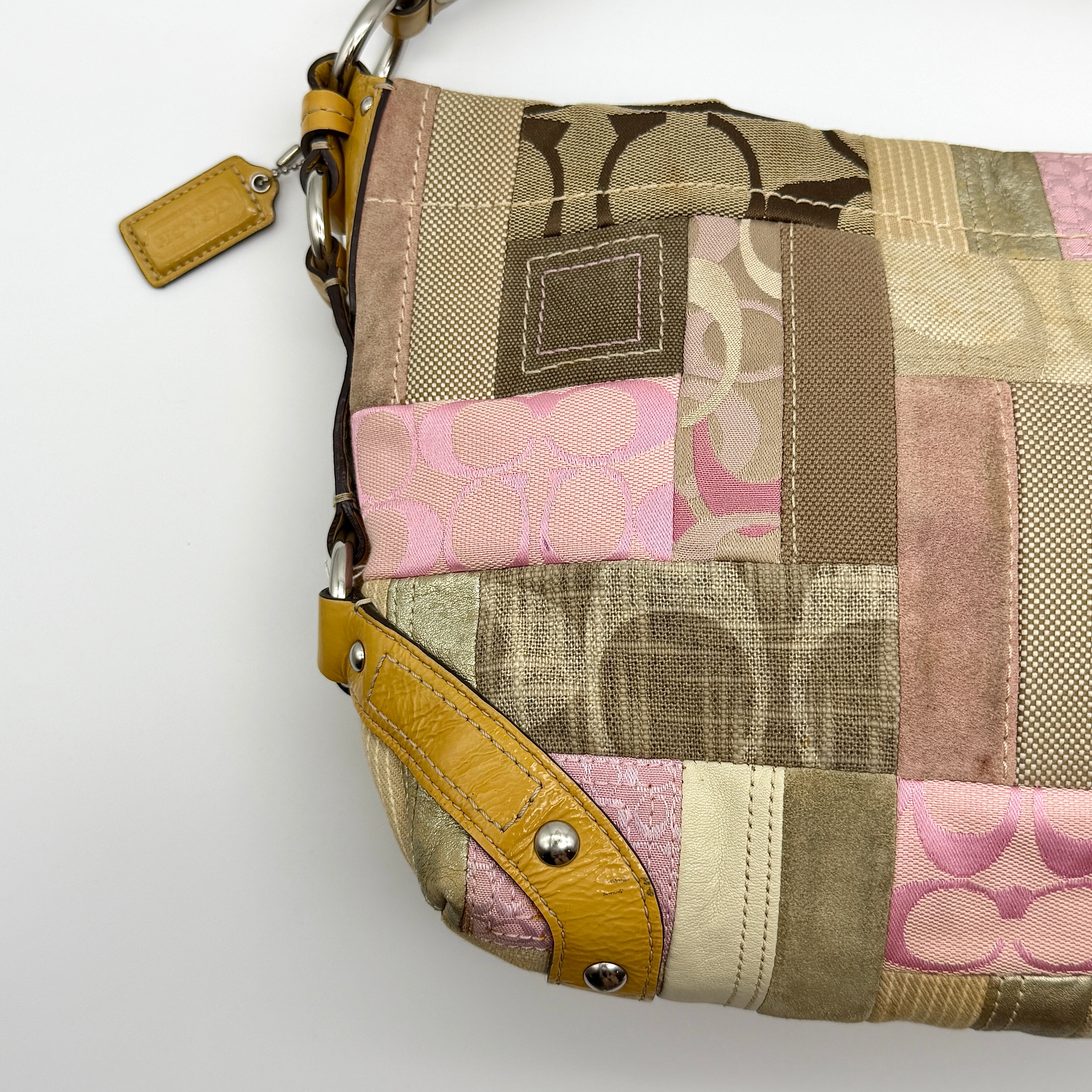 Coach Y2K Signature Carly Patchwork Shoulder Bag Beige/Pink