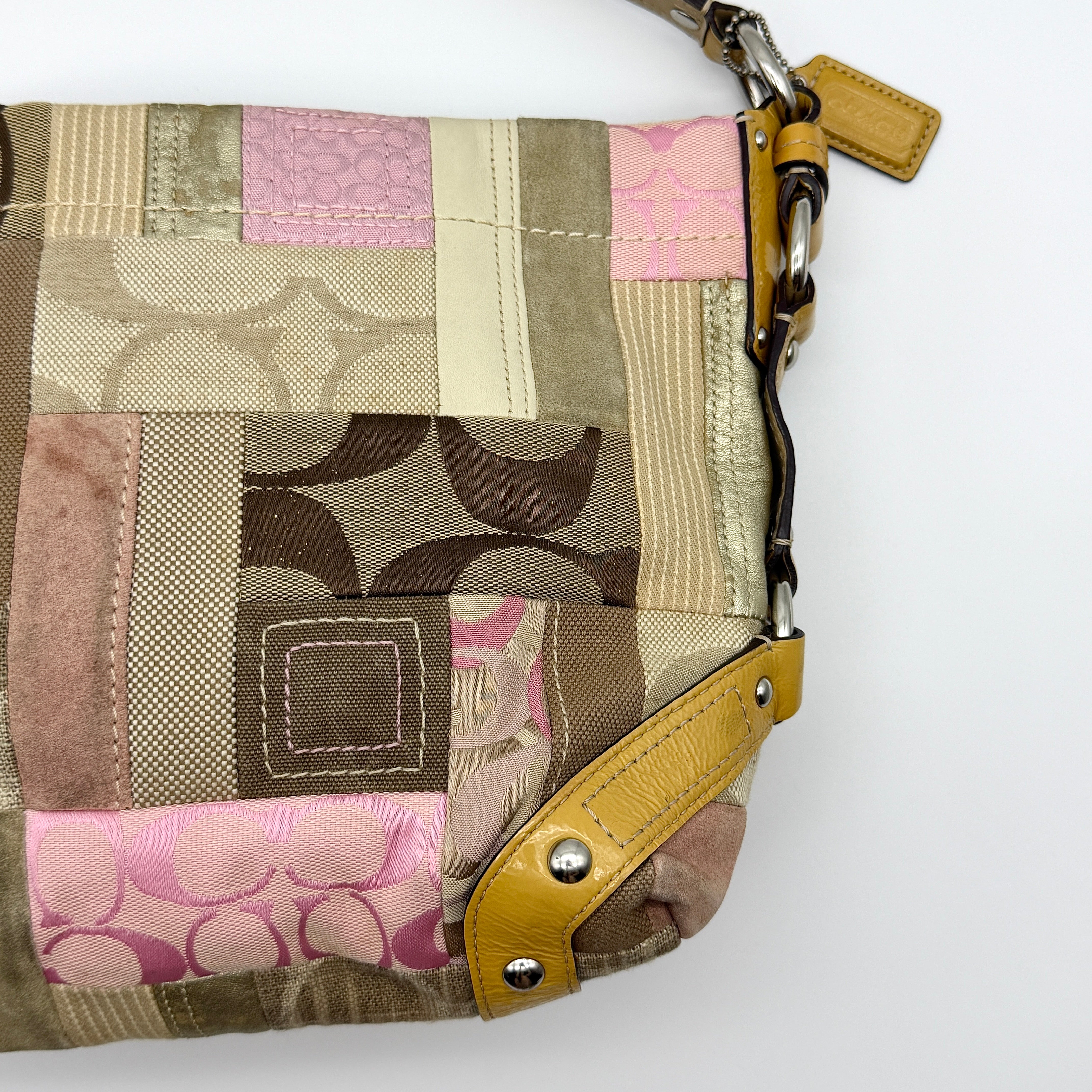 Coach Y2K Signature Carly Patchwork Shoulder Bag Beige/Pink