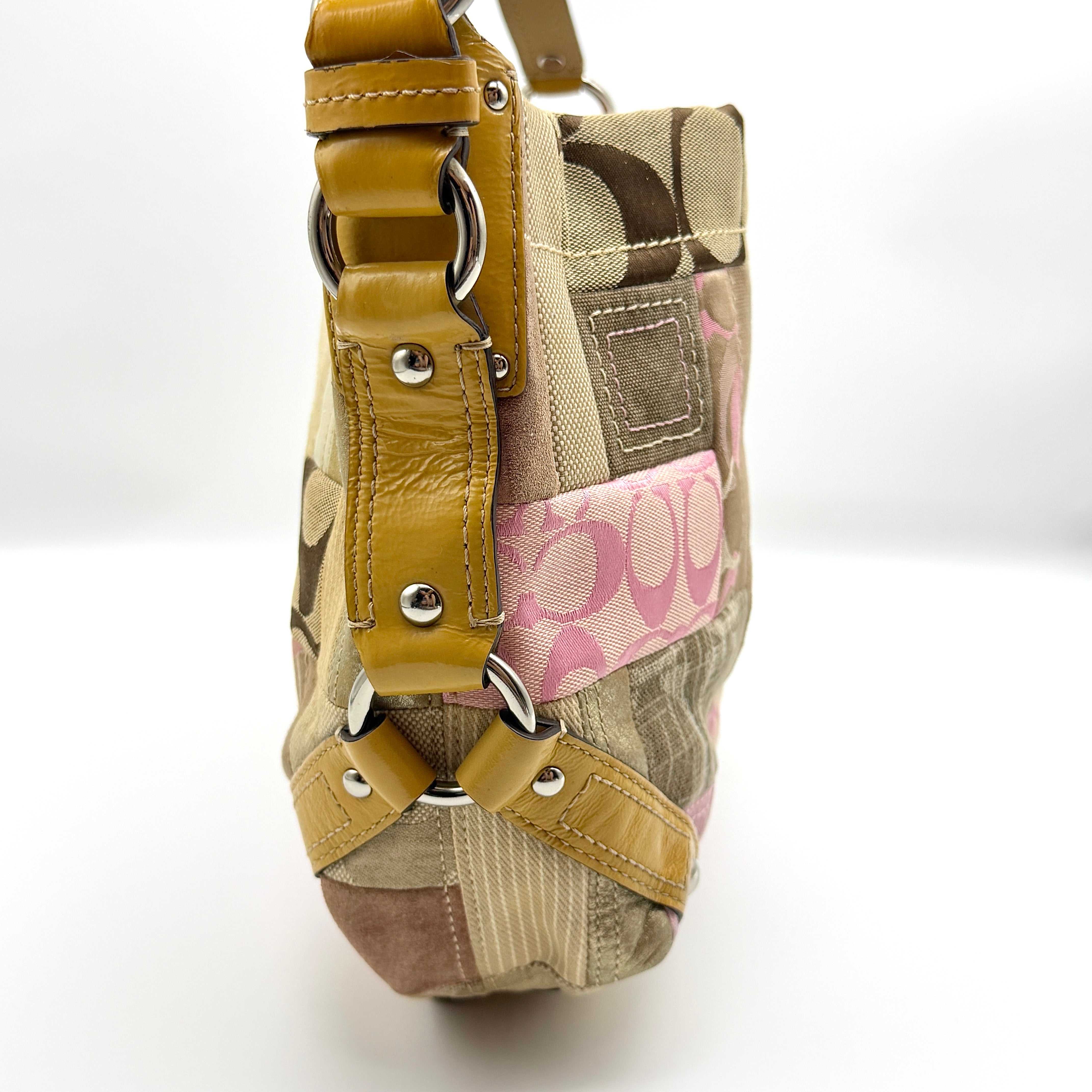 Coach Y2K Signature Carly Patchwork Shoulder Bag Beige/Pink