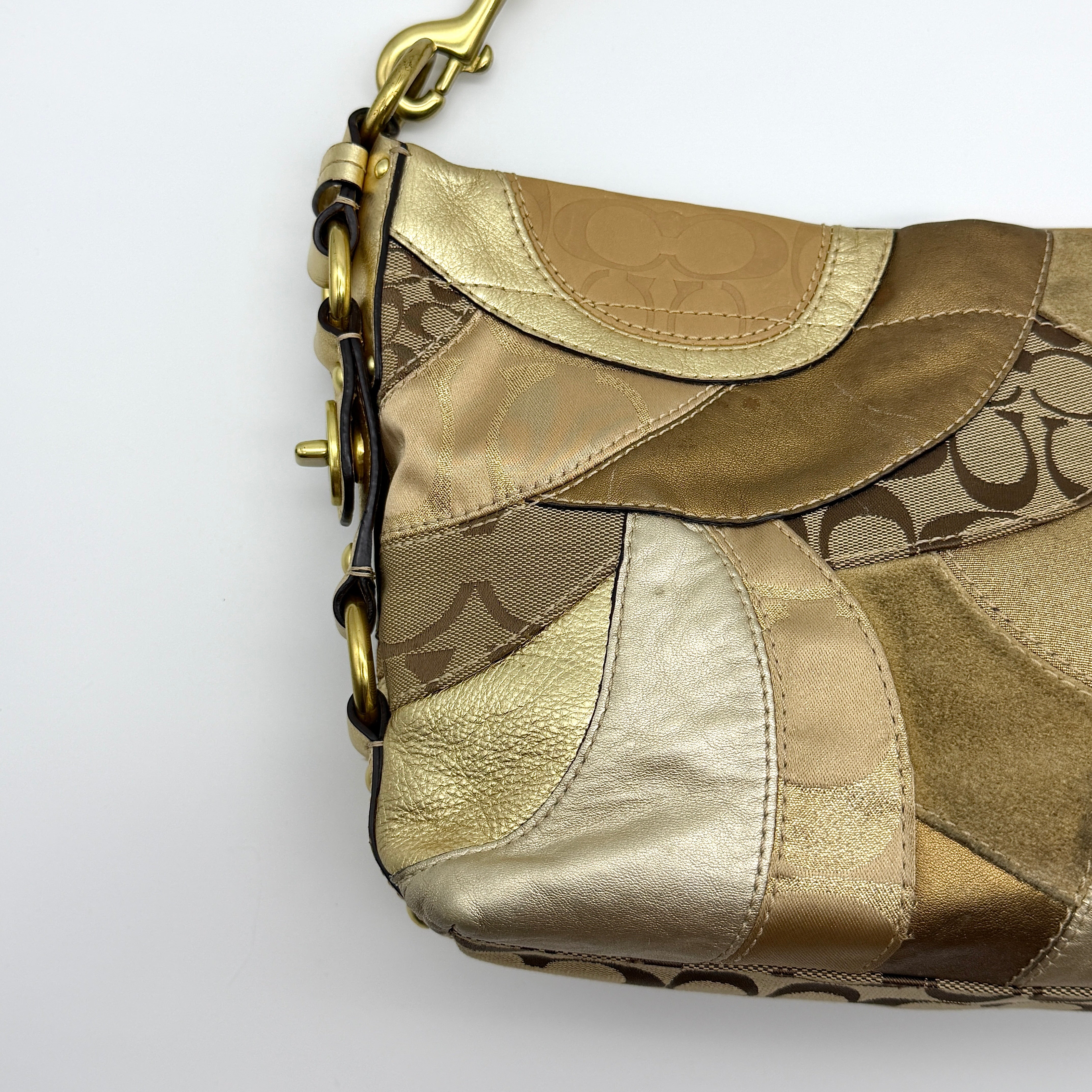 Coach Y2K Signature Carly Patchwork Shoulder Bag Beige/Gold
