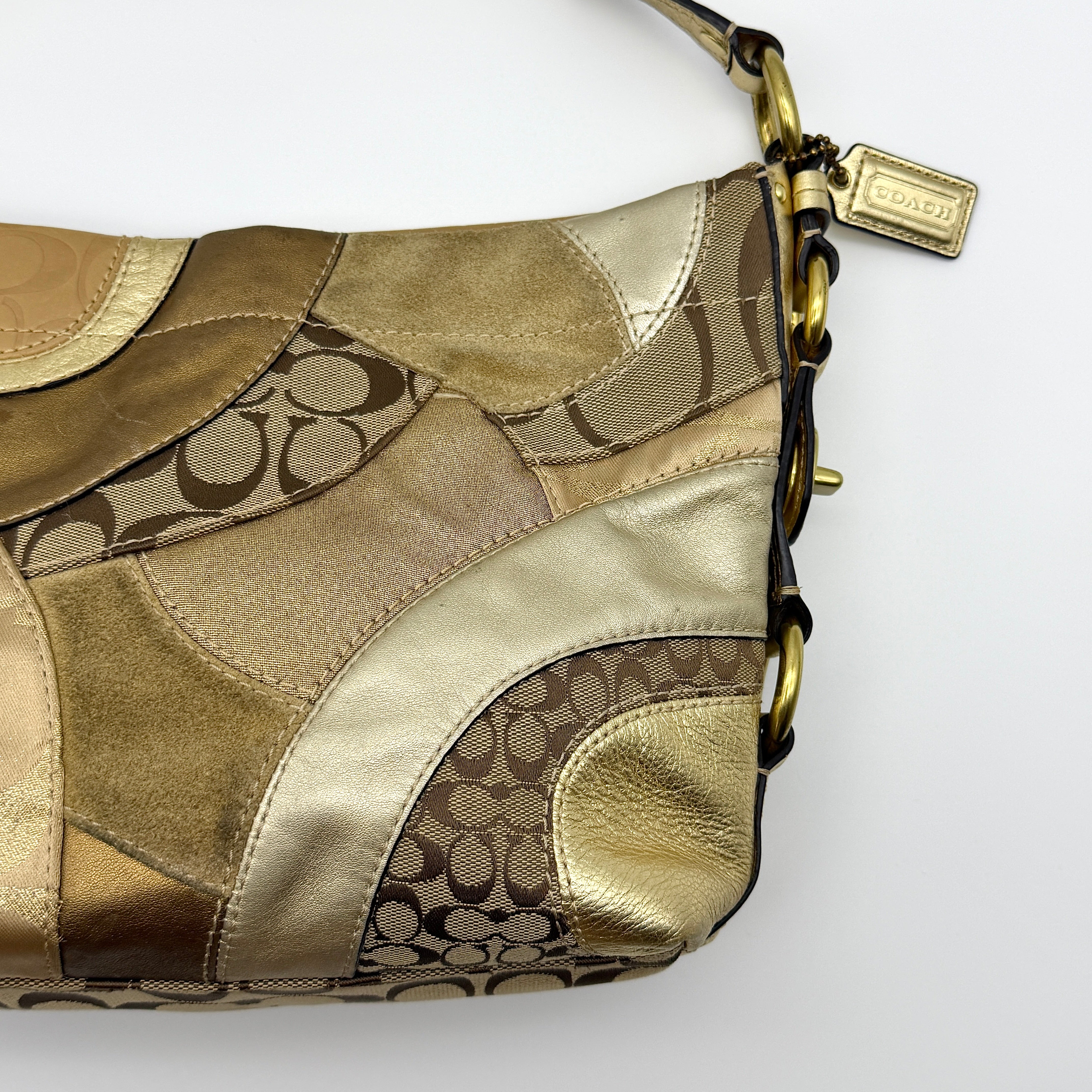 Coach Y2K Signature Carly Patchwork Shoulder Bag Beige/Gold