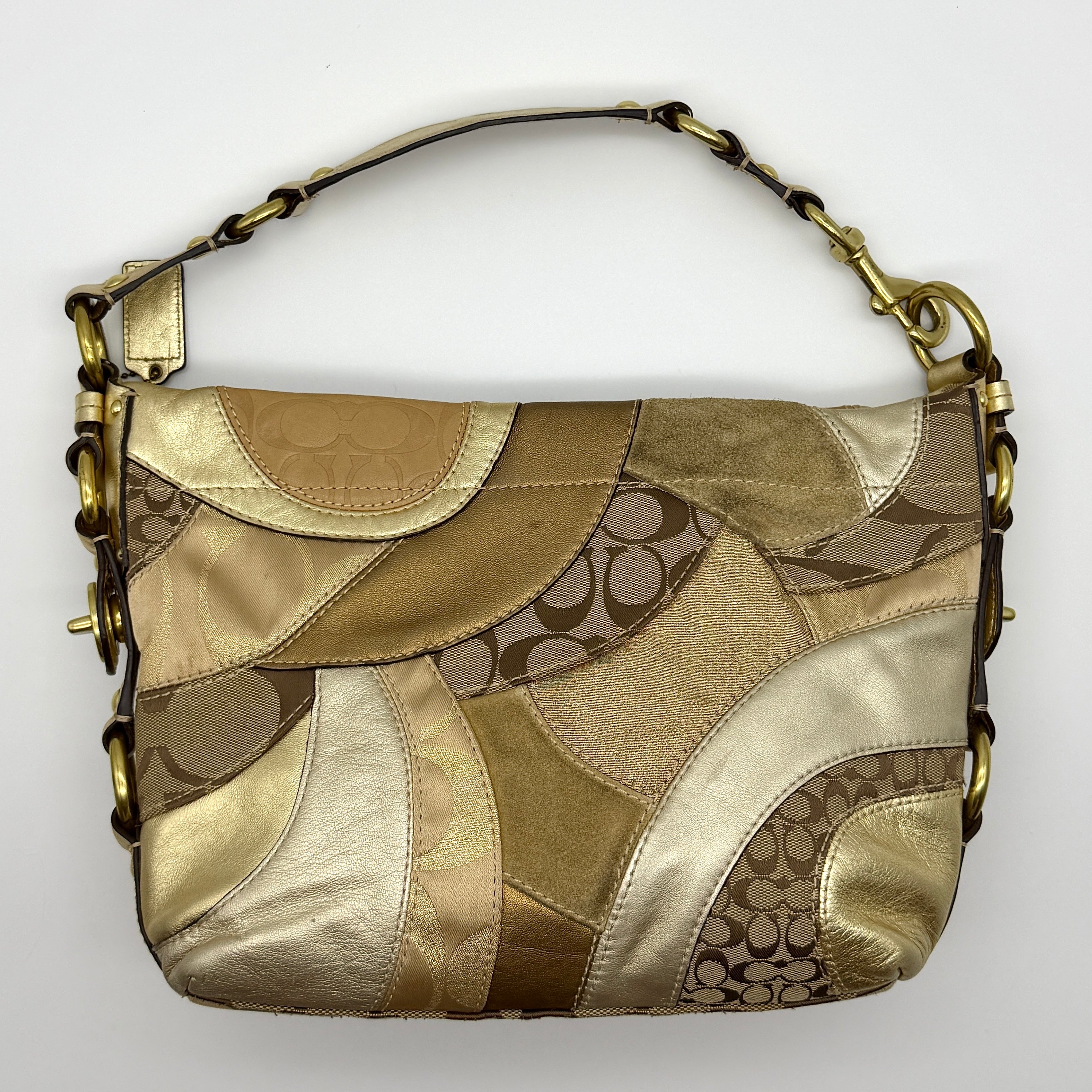 Coach Y2K Signature Carly Patchwork Shoulder Bag Beige/Gold