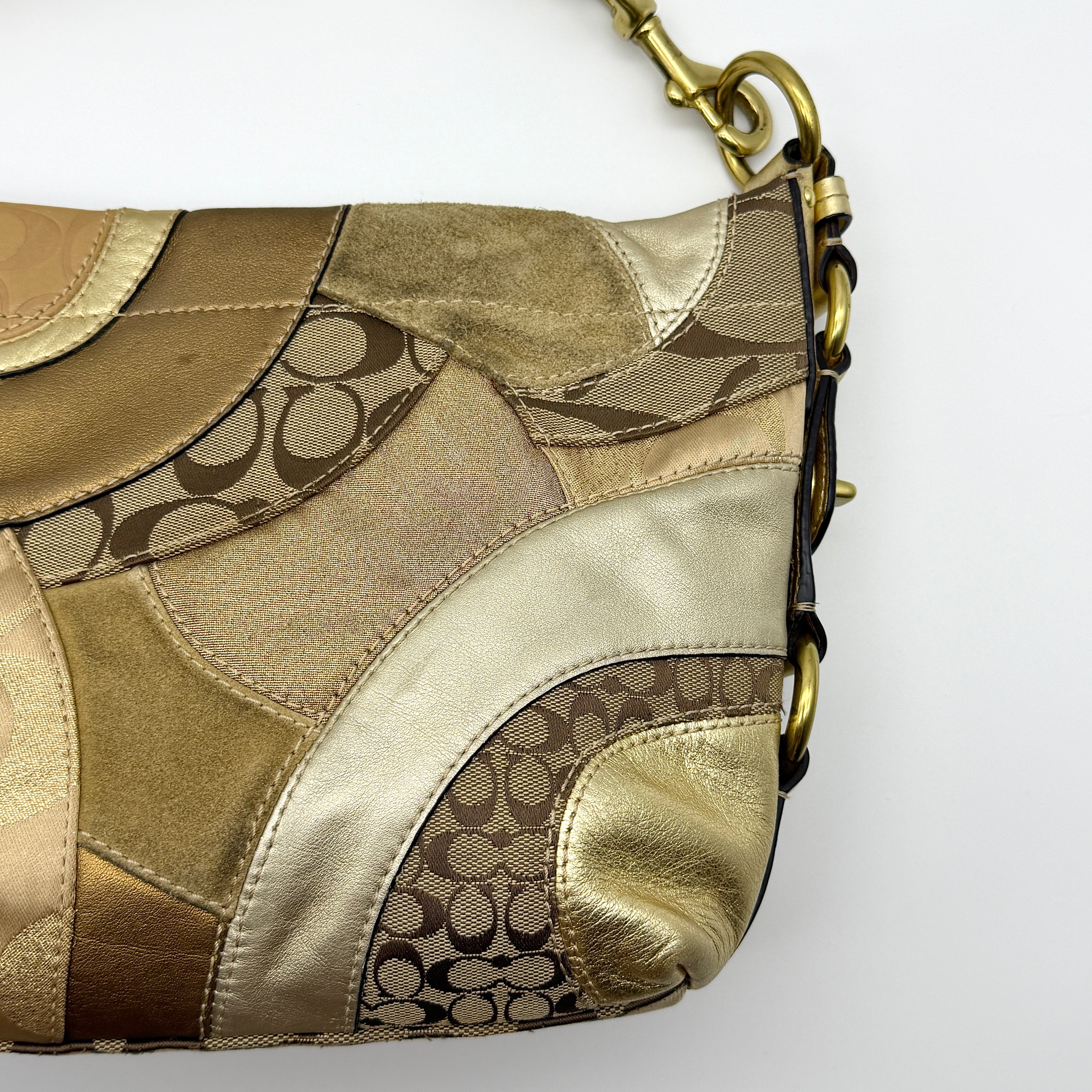 Coach Y2K Signature Carly Patchwork Shoulder Bag Beige/Gold