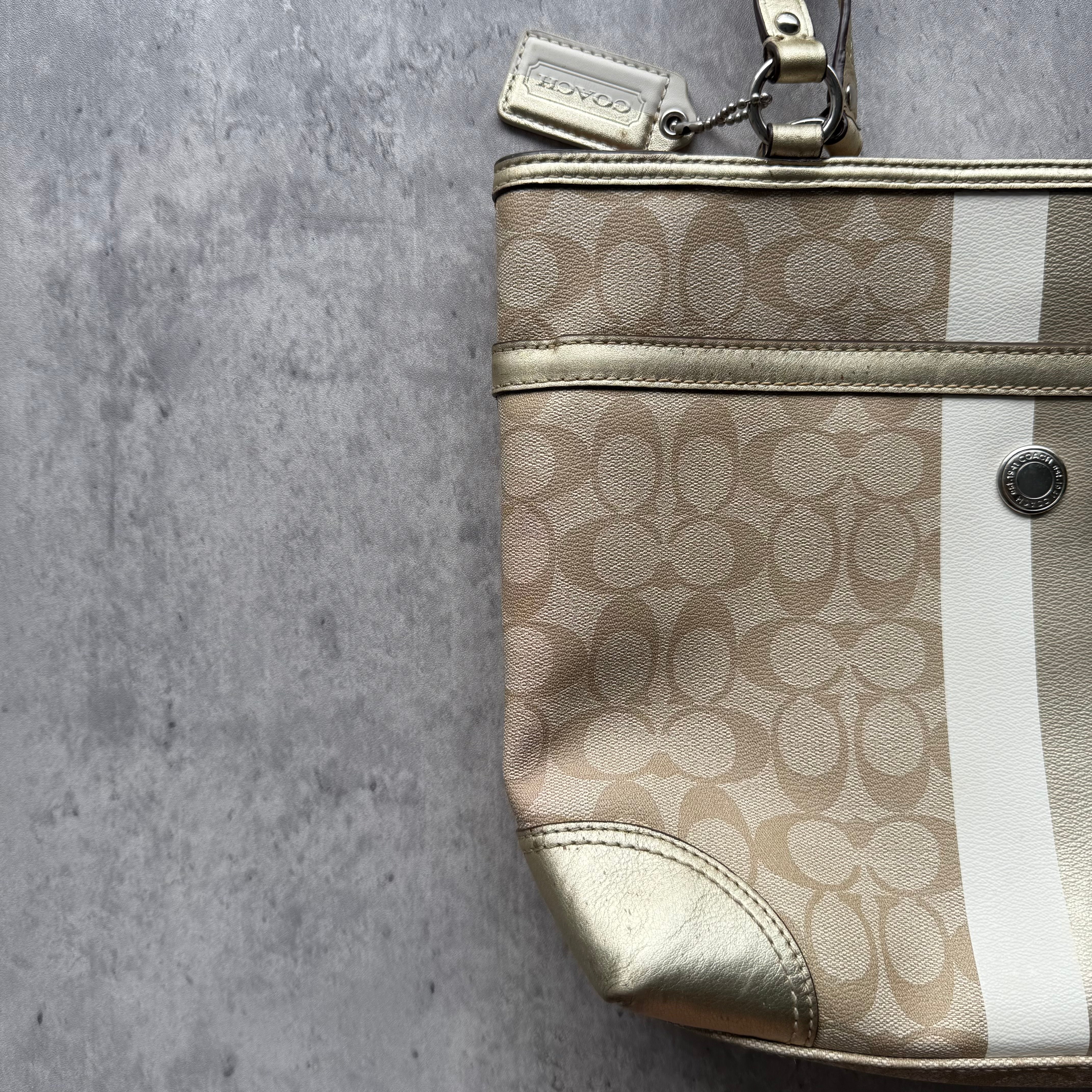 Coach Signature Stripe Tote Bag Beige/Gold
